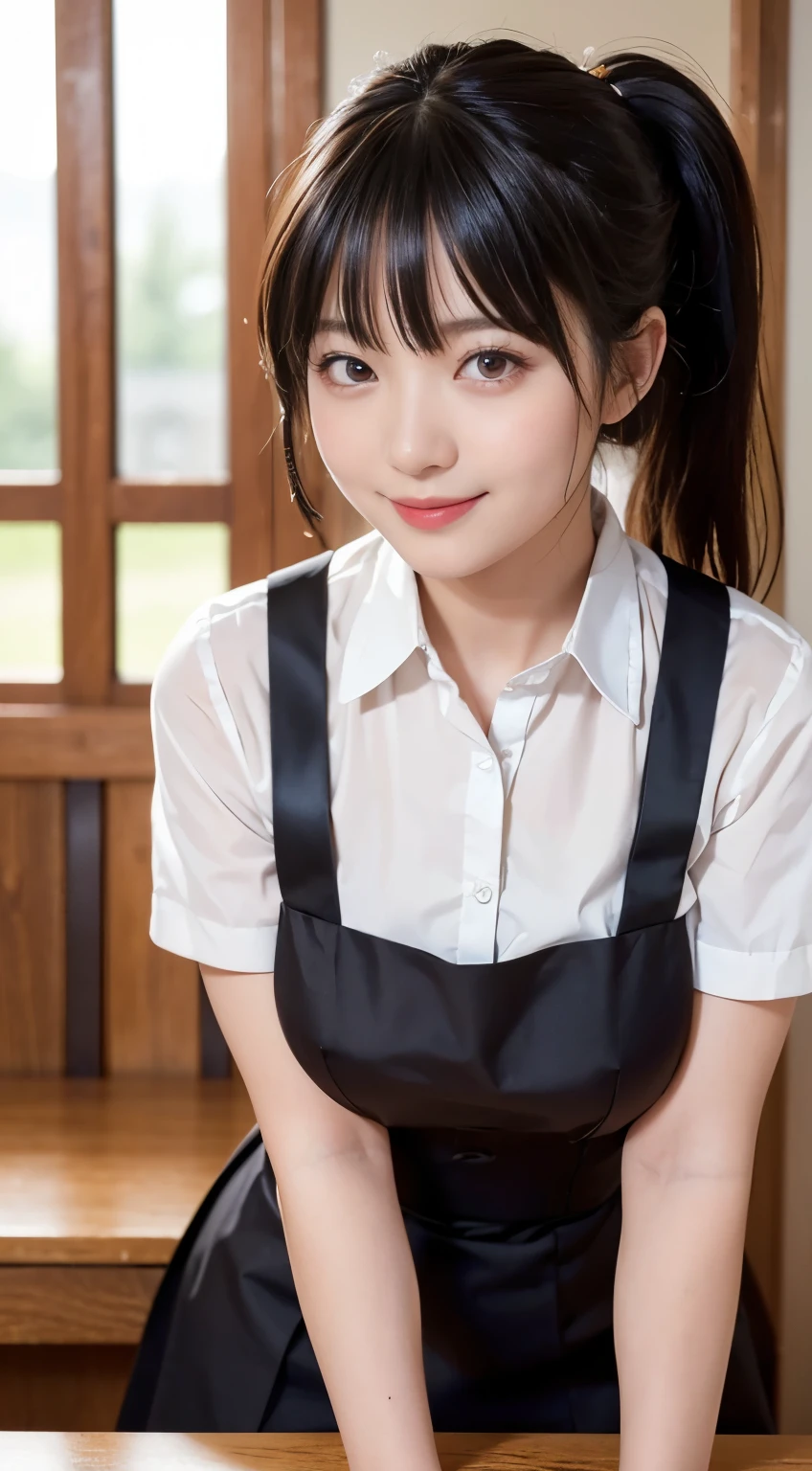 (highest quality,masterpiece:1.3,Ultra-high resolution,),(Very detailed,Caustics),(Realistic:1.4,RAW shooting,)Ultra-Realistic Capture,Very detailed,High resolution 16K human skin closeup。 Natural skin texture、,pores、、、、It must be detailed enough to be easily identifiable。 Skin tone is even and healthy looking。 Use natural light and color,restaurant,Waitress Uniform,1 girl,Japanese,18-year-old,cute,Black-haired,ponytail,Big Breasts,smile,Turn your body forward,(Front view:1.1),Looking into the camera,Cowboy Shot,