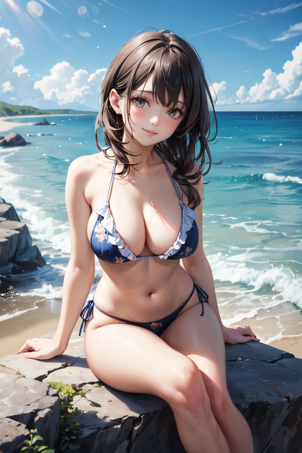 very cute and beautiful girl,(highly detailed beautiful face),(floral frilled blue and white bikini),
sitting,beautiful legs,beach,distant rugged cliffs,(smile),looking at viewer,black hair,
(best quality,masterpiece),absurdres,highres,ultra-detailed,extremely detailed,32k,
cinematic scene,detailed background,solo,dynamic angle,
hair fluttering in the wind,beautiful detailed sky,realistic,