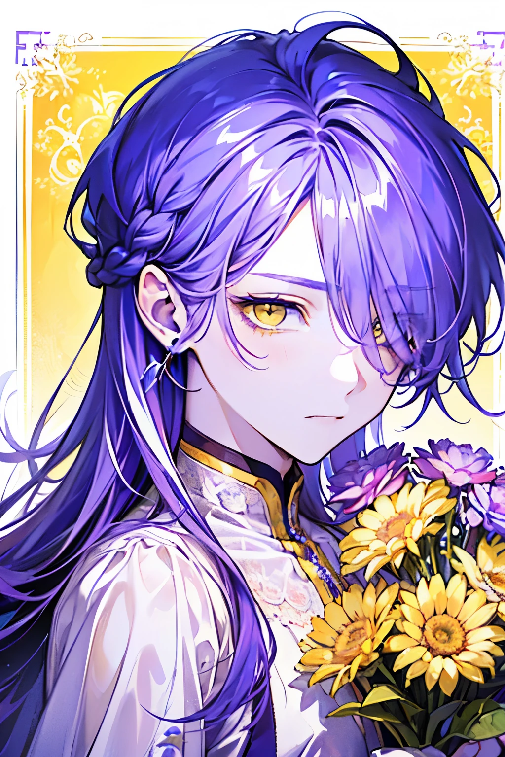 ((17years old man:1.2)),((male:1.5)),masterpiece, best quality, braid hair,purple hair, (portrait),(shiny yellow eyes:1.5), white wedding dress,(pop and cute flower pattern background), (perfect hand:1.2),(pink,yellow,purple,white),looking front,((Her bangs are so long that they cover one eye:1.1)),Troubled face,((heart hands:1.2)),((upper body))