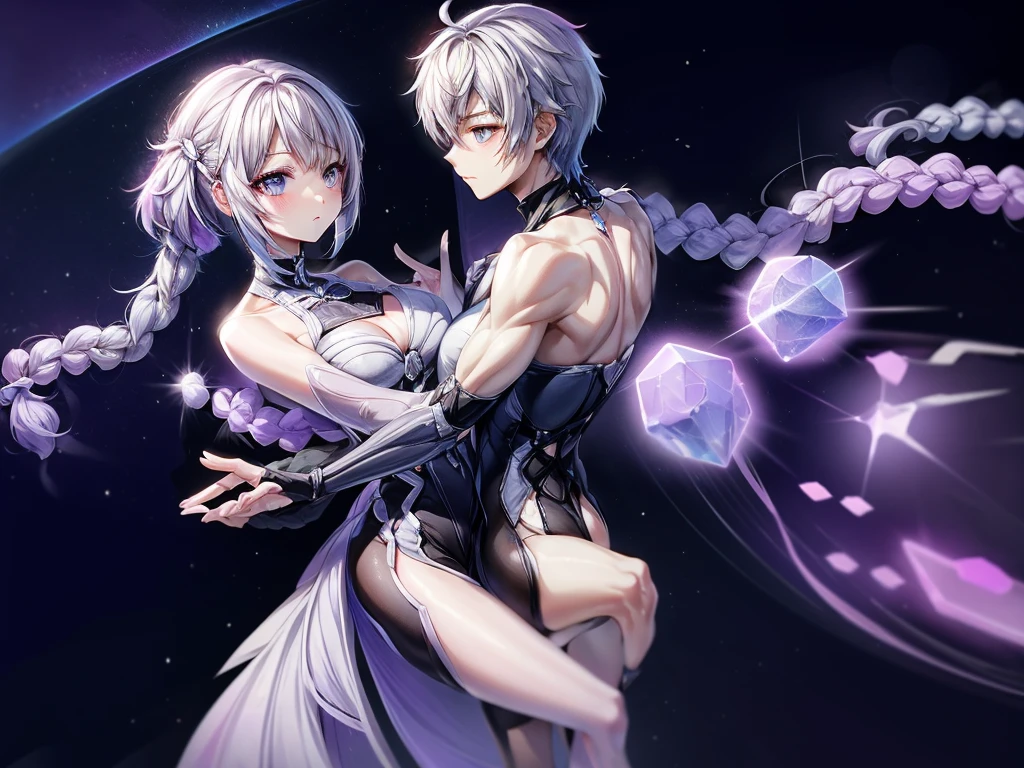 Cartoon illustration of an emotional embrace of a newlywed couple, Heart symbol of love, A couple of men and women with small flowers blooming、The boy has short hair with a gradient of white and blue、Couple looking at each other and kissing、masterpiece,Little,cute、Relaxed facial expression、sdcgsd、Milky white and purple gradient long hair、Double braid、Black and white diamond-shaped hair ornaments on both sides、Little男の子、The boy has two-tone white and light blue short hair.、Stick together and get along、Heartwarming、A fluffy world、ゆるcute世界、The best light source、CrptGrl,yijiang styal,Meteor shower fractal art、like、(/ω\)、Embarrassing、Embarrassed、
