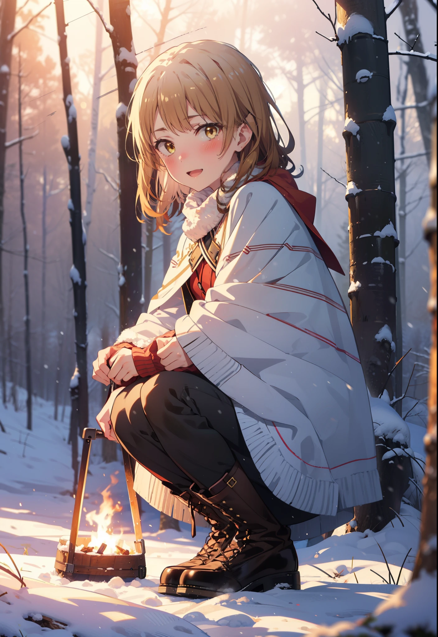irohaisshiki, iroha isshiki, Long Hair, Brown Hair, (Brown eyes:1.5),smile,blush,White Breath,
Open your mouth,snow,Ground bonfire, Outdoor, boots, snowing, From the side, wood, suitcase, Cape, Blurred, forest, White handbag, nature,  Squat, Mouth closed, フードed Cape, winter, Written boundary depth, Black shoes, red Cape break looking at viewer, Upper Body, whole body, break Outdoor, forest, nature, break (masterpiece:1.2), highest quality, High resolution, unity 8k wallpaper, (shape:0.8), (Beautiful and beautiful eyes:1.6), Highly detailed face, Perfect lighting, Highly detailed CG, (Perfect hands, Perfect Anatomy),