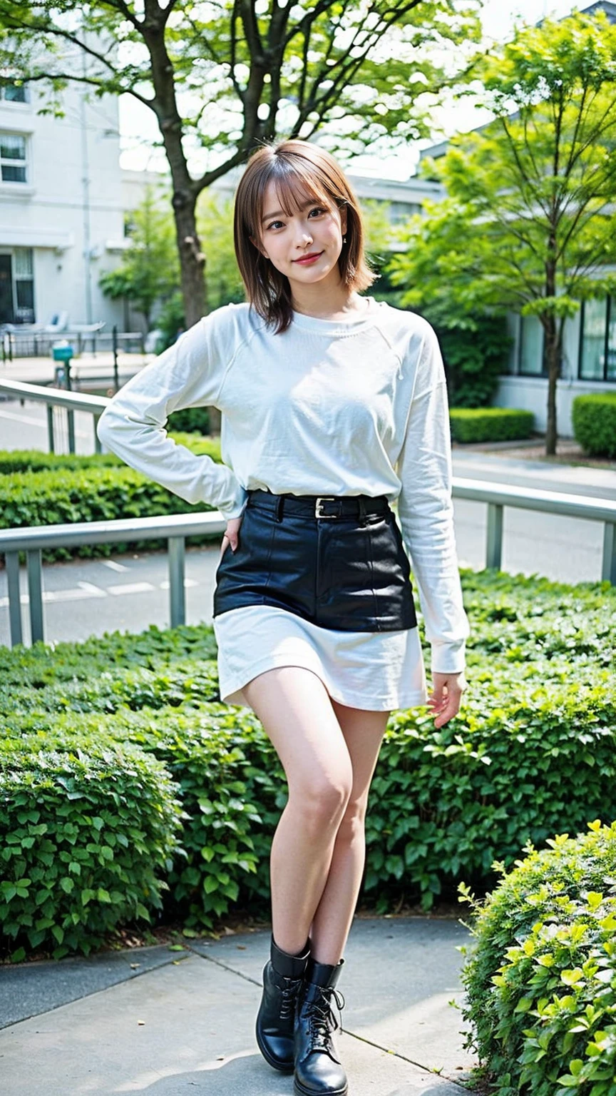 (8k、RAW Photos、highest quality、masterpiece:1.2)、(Realistic、Realistic)、1 girl、((Black non-sleeve、White Mini Skirt、Large Breasts、boots、whole body、garden、View from the front、looking at the camera、Underarm、Are standing))、