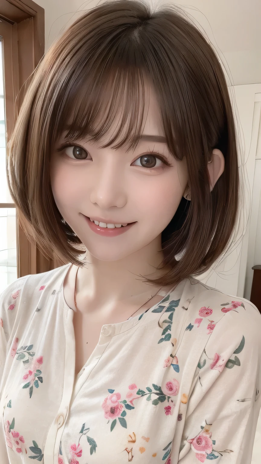 Best picture quality (8K, high resolution, Masterpiece: 1.2), super detailed, 215 Short Hair, 18-year-old woman, A kind smile, Floral, random cute pose ,big eyes
