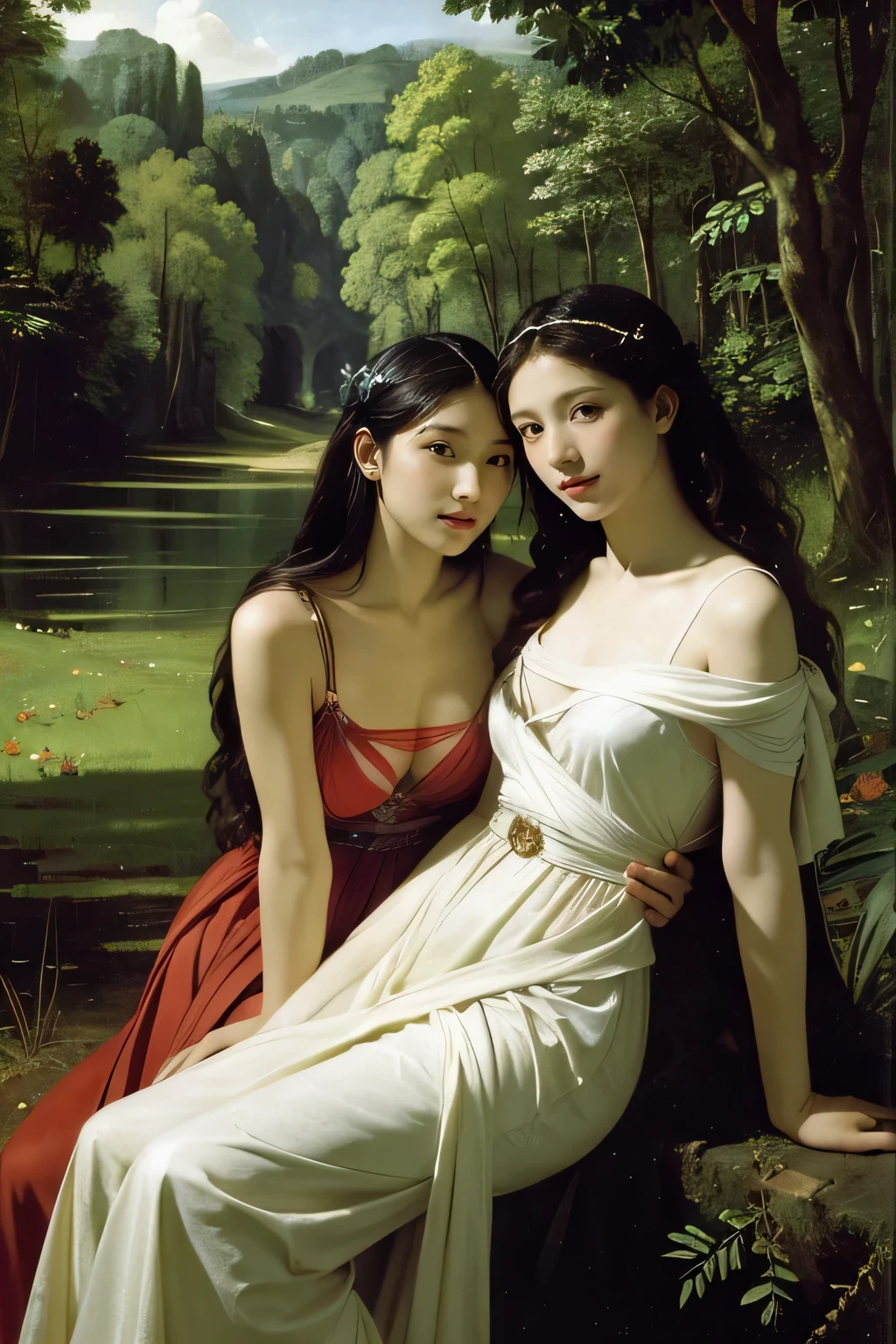Giorgione painting style,Barbizon forest A beautiful woman in Greek dress smiles on the shore,Sweet and seductive appearance.、Caravaggio's paintings、Chiaroscuro of Caravaggio、hair tousled by the wind,Two women frolicking,cute smile, expression of ecstasy,Sexy,erotic, full body portrait