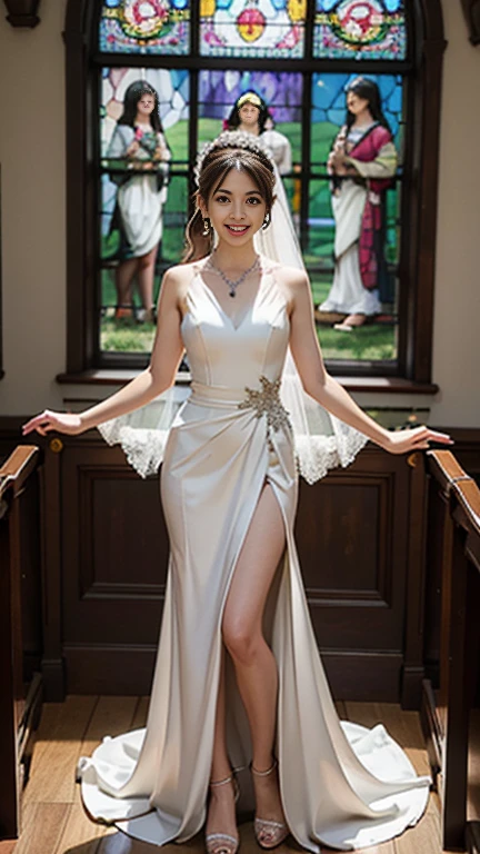 highest quality, Realistic, Very detailed, finely, High resolution, 8k wallpaper, Beautiful woman,, Brown hair short ponytail, (silk wedding dresses), Perfect dynamic composition, finelyて美しい目, Ample breasts, Realistic , smile,  Model Body Type、Earrings,garnet necklace,tiara,(Wearing a watch 1),Beautiful legs,(Church with beautiful stained glass),Full Body Shot:1.3,Smile and laugh,