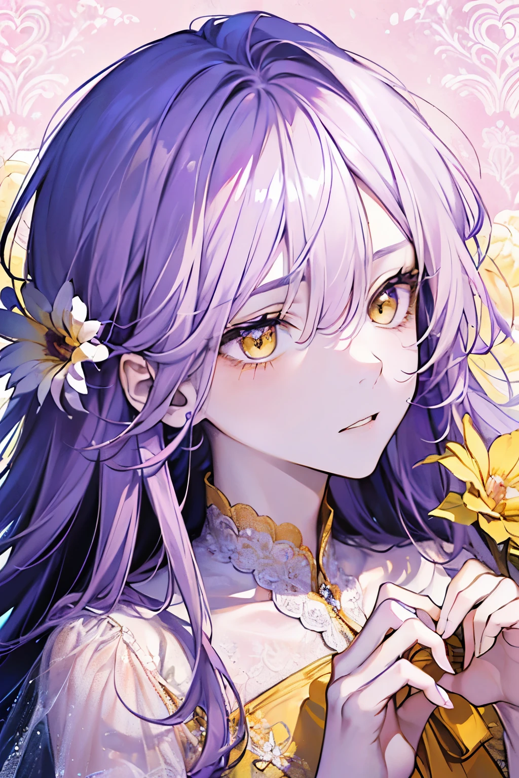 ((17years old man:1.2)),((male:1.5)),masterpiece, best quality,purple hair, (portrait),(shiny yellow eyes:1.5), white wedding dress,(pop and cute flower pattern background), (perfect hand:1.2),(pink,yellow,purple,white),looking front,((Her bangs are so long that they cover one eye:1.1)),Troubled face,((heart hands:1.2)),((upper body))