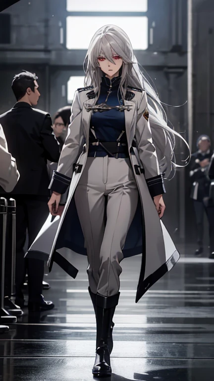 (Confused, High resolution, Very detailed), 1 female, Silver Hair,Red Eyes,Long Hair,soft looking hair,Navy and white pilot suit,Long coat,Black trousers,boots,24th generation,beauty,Small breasts,mature,thin,quiet,Calm,Walking down the aisle