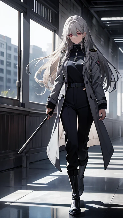 (Confused, High resolution, Very detailed), 1 female, Silver Hair,Red Eyes,Long Hair,soft looking hair,Navy and white pilot suit,Long coat,Black trousers,boots,24th generation,beauty,Small breasts,mature,thin,quiet,Calm,Walking down the aisle