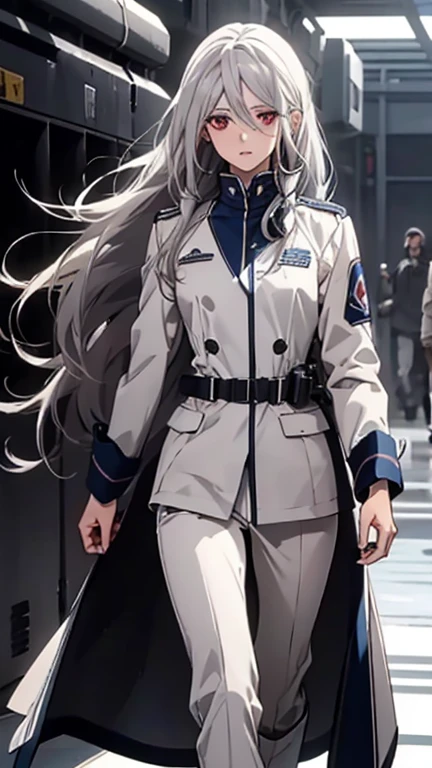 (Confused, High resolution, Very detailed), 1 female, Silver Hair,Red Eyes,Long Hair,soft looking hair,Navy and white pilot suit,Long coat,Black trousers,boots,24th generation,beauty,Small breasts,mature,thin,quiet,Calm,Walking down the aisle