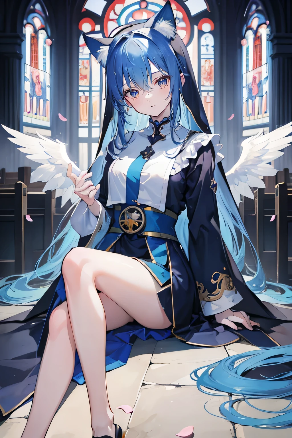 (masterpiece:1.2),Extremely detailed,Practical,expressive eyes,Fair skin,Perfect face shaping,1 Girl,
Japanese cartoons,Gorgeous blue hair, the long flowing blue hair,Floating clothes,Cat ears,Petals fall,beautiful lola,Young Angel,
Place your hands on your waist,sit elegantly on the ground,Cross your legs,Gentle and peaceful background,church,Nun's Clothes,back view,lie on the water,Large Breasts, H Cup, Good breasts, Place your hands on your waist,beautiful, Gorgeous,Japanese cartoons,girl,Lola,Hina Angel, Blue Hair, Blue Haired,Tent breasts, tent box, tent chest, Floating clothes,Grab your waist, Grab your waist, Hands on Hips , hands on hips,sit, sit on ground, Legs on the ground.
