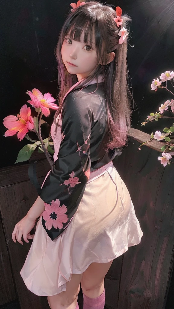 ,(masterpiece:1.2, high quality), (Pixiv:1.4),A colorful world,
One girl, flower, Long Hair, alone, butterfly, Gray Hair, bug, bird, hair ornaments, Wide sleeves, skirt, socks, white socks, whole body, or, very Long Hair, hair flower, Holding, chest, blue skirt, (((Long sleeve, kimono, bangs, Black Background ₎)), (((wood, pink flower, red flower,night,Backlight₎))