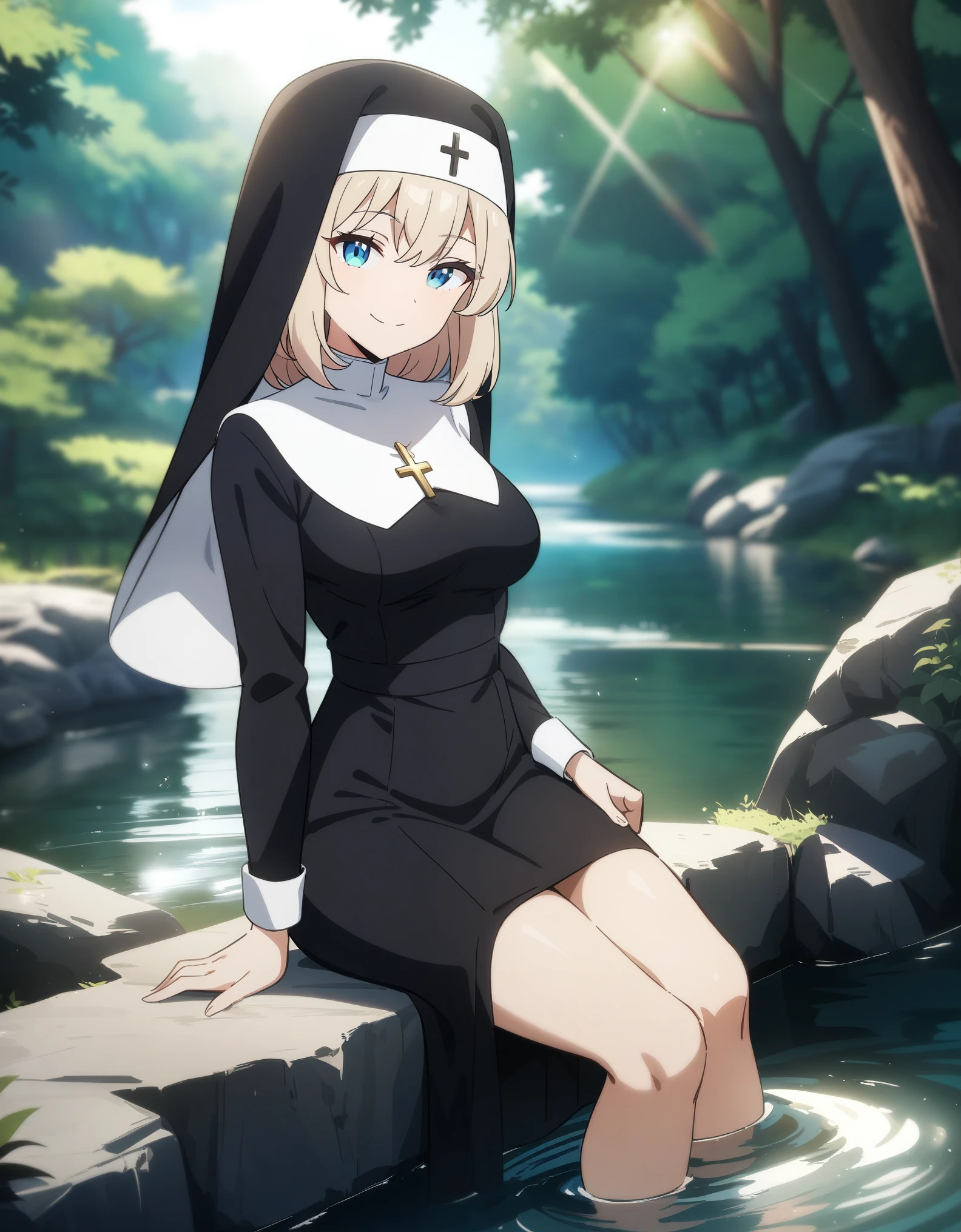 masterpiece, best quality, very aesthetic, absurdres, 1girl, nun, anime style, looking at viewer, medium breasts, soaking feet, smile, river, forest, sunlight