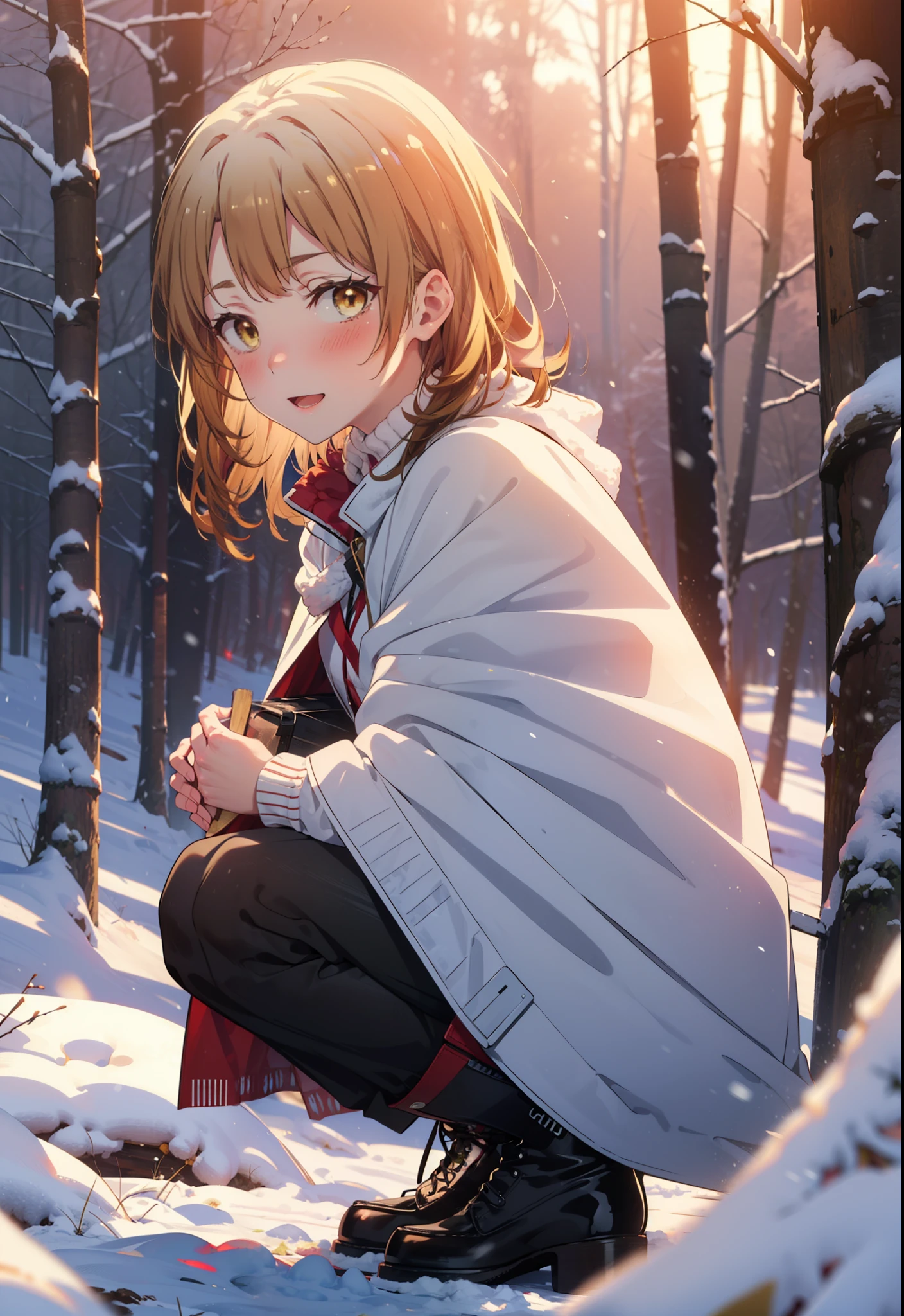 irohaisshiki, iroha isshiki, Long Hair, Brown Hair, (Brown eyes:1.5),smile,blush,White Breath,
Open your mouth,snow,Ground bonfire, Outdoor, boots, snowing, From the side, wood, suitcase, Cape, Blurred, forest, White handbag, nature,  Squat, Mouth closed, フードed Cape, winter, Written boundary depth, Black shoes, red Cape break looking at viewer, Upper Body, whole body, break Outdoor, forest, nature, break (masterpiece:1.2), highest quality, High resolution, unity 8k wallpaper, (shape:0.8), (Beautiful and beautiful eyes:1.6), Highly detailed face, Perfect lighting, Highly detailed CG, (Perfect hands, Perfect ???????),