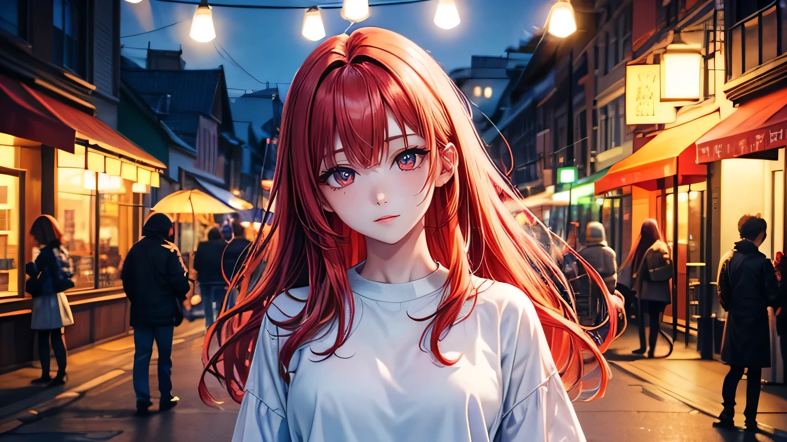 A pretty girl with pale red hair: 1.3, Beautiful Hair: 1.2, , night: 1.2,night,Night Town: 1.1, Ultra-high resolution, Accurate, Super detailed, Textured skin, High detail, highest quality, 8k,Thin bangs,Upper Body,Well-drawn eyes, Focus on the face,Oversized shirt,Detailed hair depiction,Detailed depiction of eyes、Detailed depiction of hair、Street lamp、Night Town、