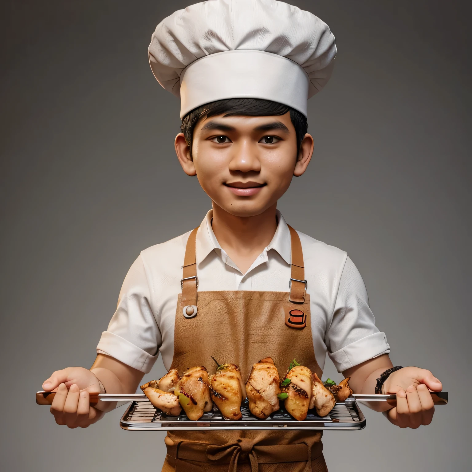 3d caricature drawing, a young Indonesian man, wearing a chef's hat, both hands carrying grilled chicken, wearing an apron, detailed texture, studio background