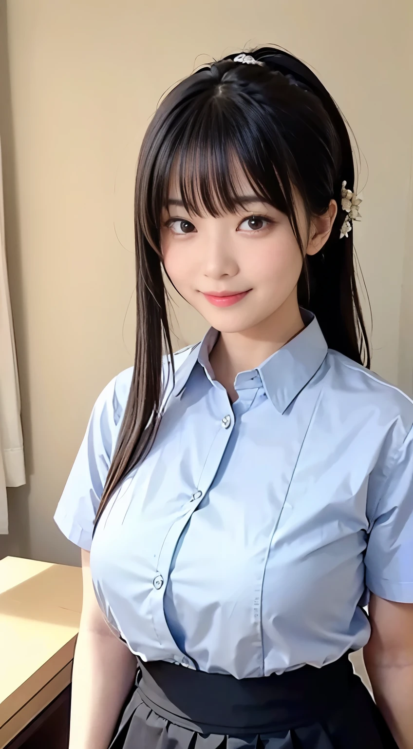 (highest quality,masterpiece:1.3,Ultra-high resolution,),(Very detailed,Caustics),(Realistic:1.4,RAW shooting,)Ultra-Realistic Capture,Very detailed,High resolution 16K human skin closeup。 Natural skin texture、,pores、、、、It must be detailed enough to be easily identifiable。 Skin tone is even and healthy looking。 Use natural light and color,restaurant,Waitress Uniform,1 girl,Japanese,18-year-old,cute,Black-haired,ponytail,,smile,Turn your body forward,(Front view:1.1),Looking into the camera,Cowboy Shot,
