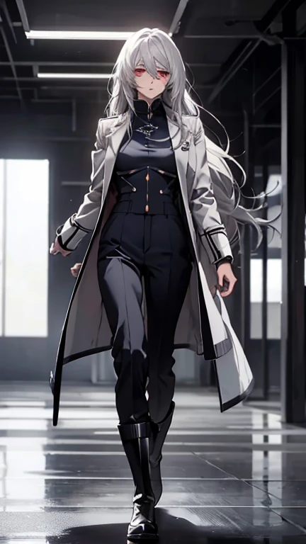 (Confused, High resolution, Very detailed), 1 female, Silver Hair,Red Eyes,Long Hair,soft looking hair,Navy and white pilot suit,Long coat,Black trousers,boots,24th generation,beauty,Small breasts,mature,thin,quiet,Calm,Walking down the aisle