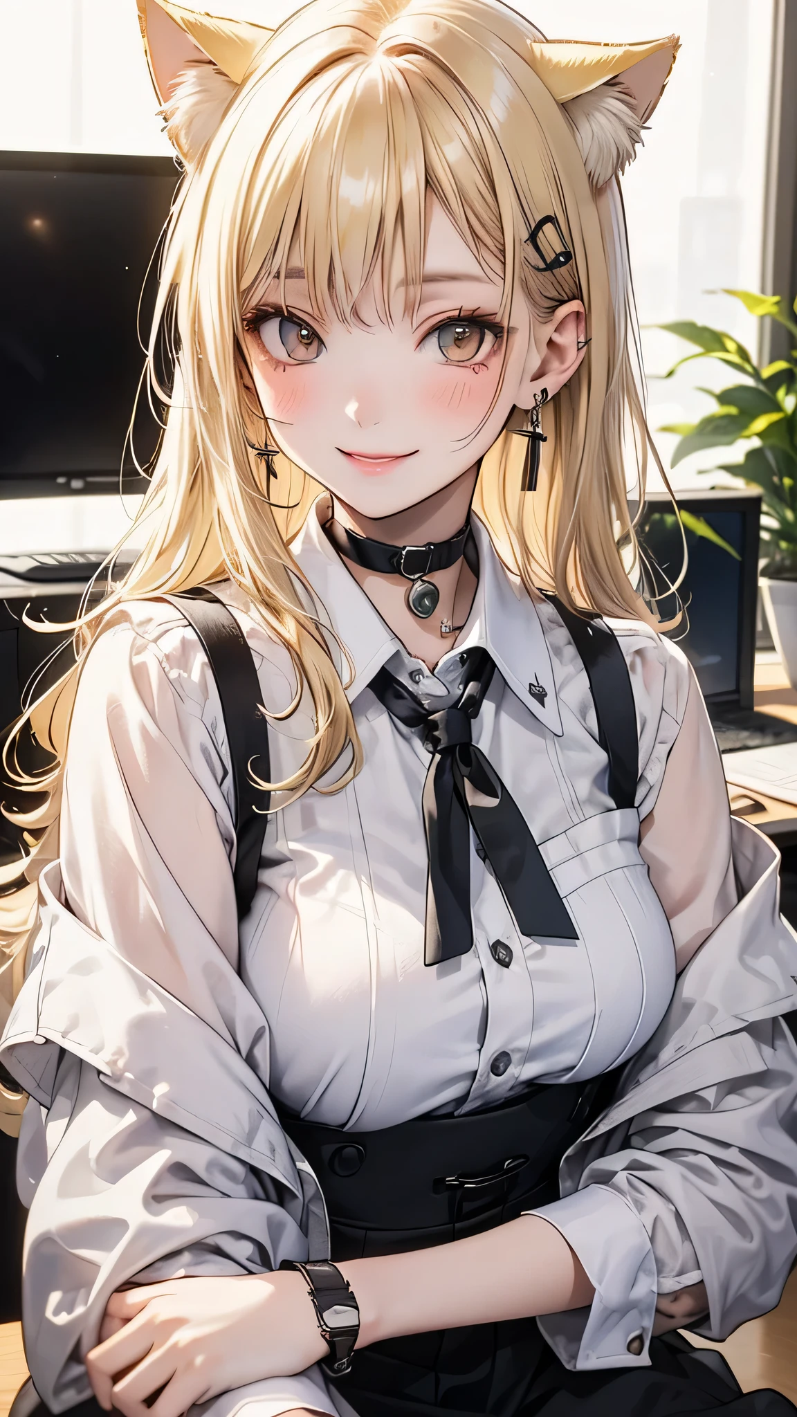 Browsing Caution, masterpiece, (highest quality:1.2), (Sharp focus:1.2),, 1 girl, Slim girl,, (blonde|Light_Yellow Hair), Cat ear,, Detailed face, young|Cute Face, blush, Wicked Smile,, Natural Breasts, Thin arms,, White collared shirt and black tie, Black choker,, In a modern office, indoor