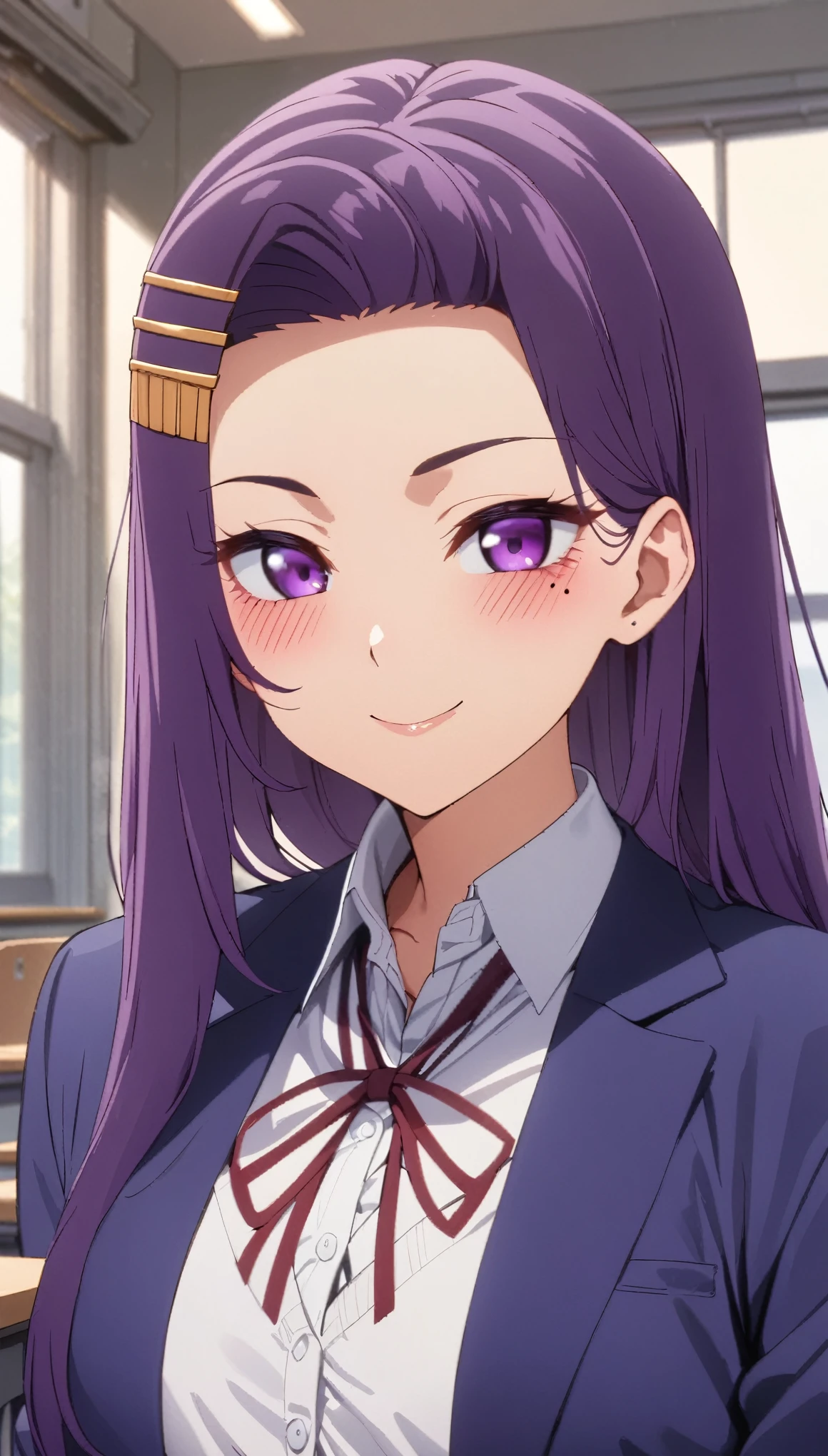 (masterpiece, highest quality, so beautiful, Super detailed), Intricate details, One girl, sayuriakino, Purple eyes, Long Hair, Purple Hair, amount, hair ornaments, Hair Clip, Mole under the eye, White shirt, Red ribbon, Grey cardigan, Blue jacket, blush, smile, , indoor, classroom, View Viewer,