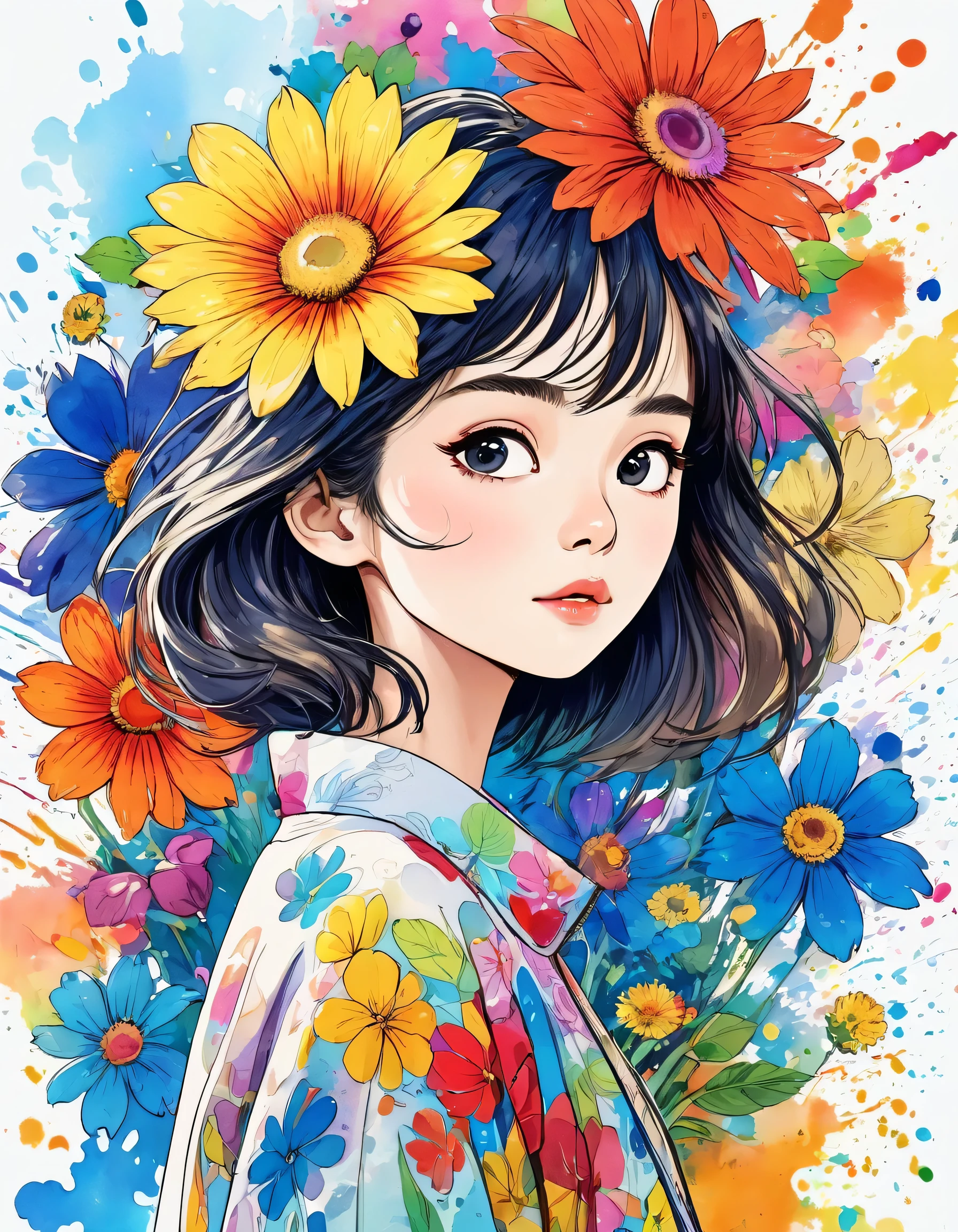 Hayao Miyazaki Style、(((stylish fashion))), 8K Quality、Intense watercolor, Detailed watercolor art, Watercolor splash, Surreal, avant-garde pop art, Beautiful and expressive paintings, Beautiful artwork illustration, Very colorful tones, wonderful, Cool beauty, highest quality、Official Art, Vector art, Stylish design, (((The most beautiful girl))), (((highest quality))), HDR, ((detailed)), (((Doodle Art)), ((masterpiece)), ((Super detailed)), (((Colorful flowers))),(((Stylish)))