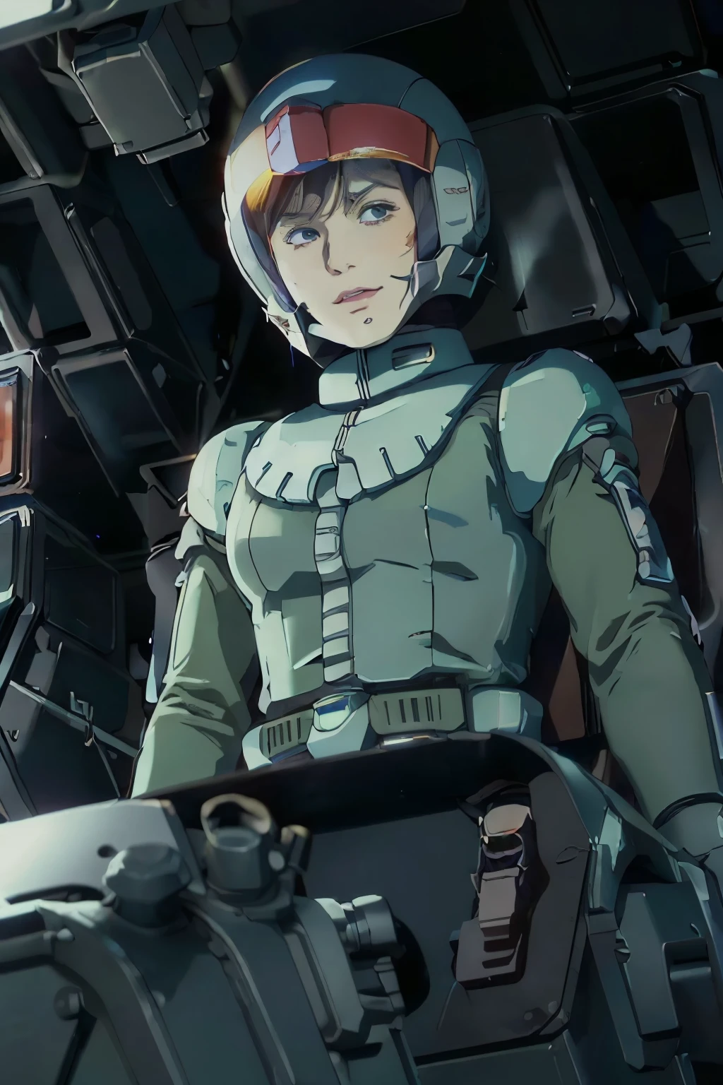 (((masterpiece,highest quality,In 8K,Super detailed,High resolution,anime style,absolutely))),Zeon female pilot sitting in the cockpit,(alone:1.5),(((The background is the cockpit of a dark mobile suit..:1.5))),((blur background:1.5)),(Wearing a pilot suit:1.5),((Wearing a full-face helmet:1.5)),(Beautiful woman:1.5),(Detailed facial depiction:1.5),(big breasts:1.3),(wallpaper:1.5),(from below:1.5)smile、