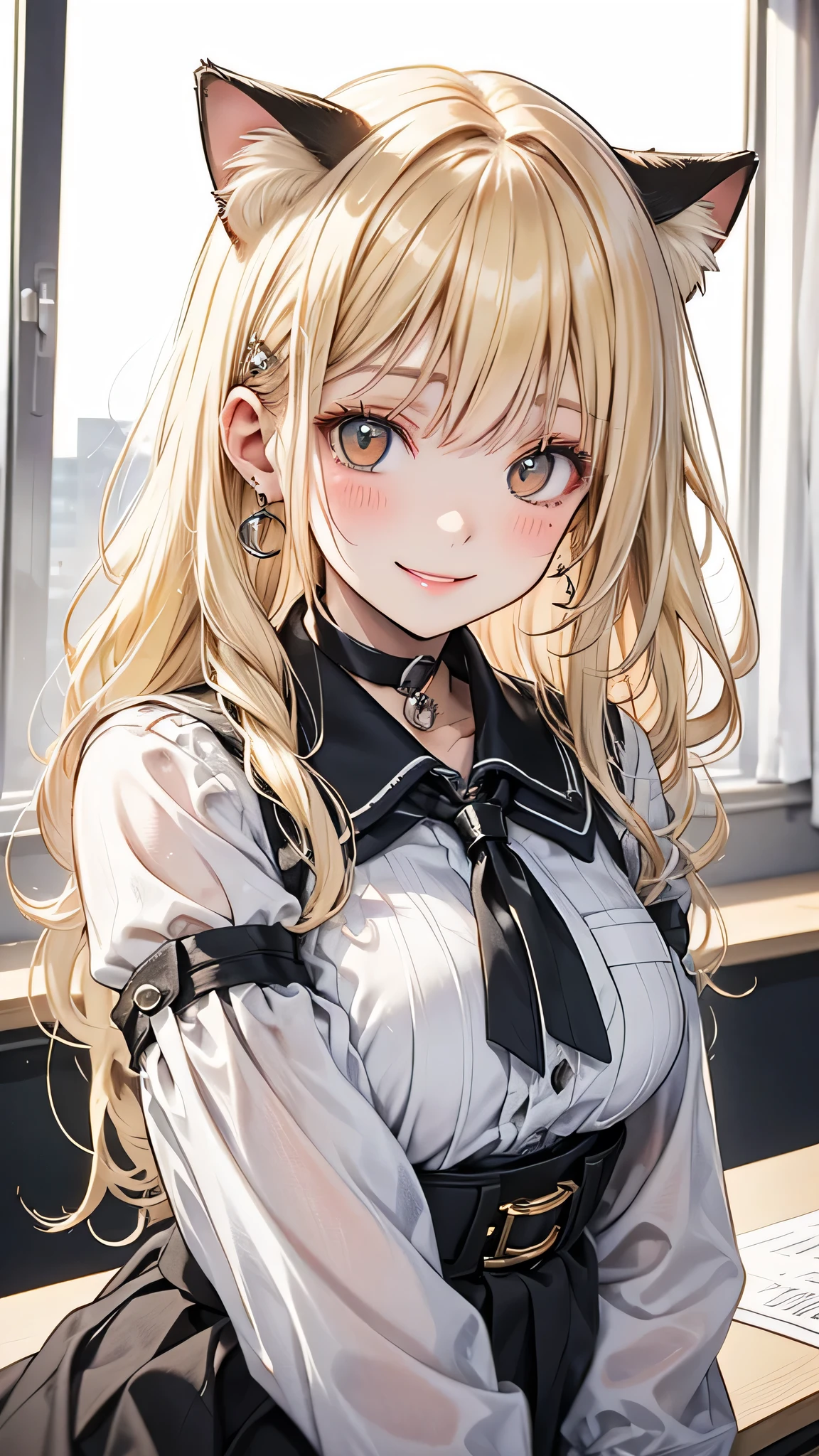 Browsing Caution, masterpiece, (highest quality:1.2), (Sharp focus:1.2),, 1 girl, Slim girl,, (blonde|Light_Yellow Hair), Cat ear,, Detailed face, young|Cute Face, blush, Wicked Smile,, Natural Breasts, Thin arms,, White collared shirt and black tie, Black choker,, In a modern office, indoor