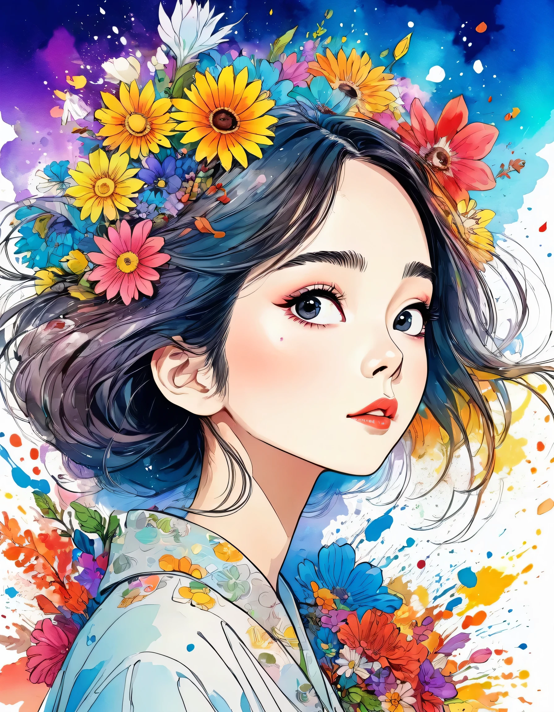 Hayao Miyazaki Style、(((stylish fashion))), 8K Quality、Intense watercolor, Detailed watercolor art, Watercolor splash, Surreal, avant-garde pop art, Beautiful and expressive paintings, Beautiful artwork illustration, Very colorful tones, wonderful, Cool beauty, highest quality、Official Art, Vector art, Stylish design, (((The most beautiful girl))), (((highest quality))), HDR, ((detailed)), (((Doodle Art)), ((masterpiece)), ((Super detailed)), (((Colorful flowers))),(((Stylish)))