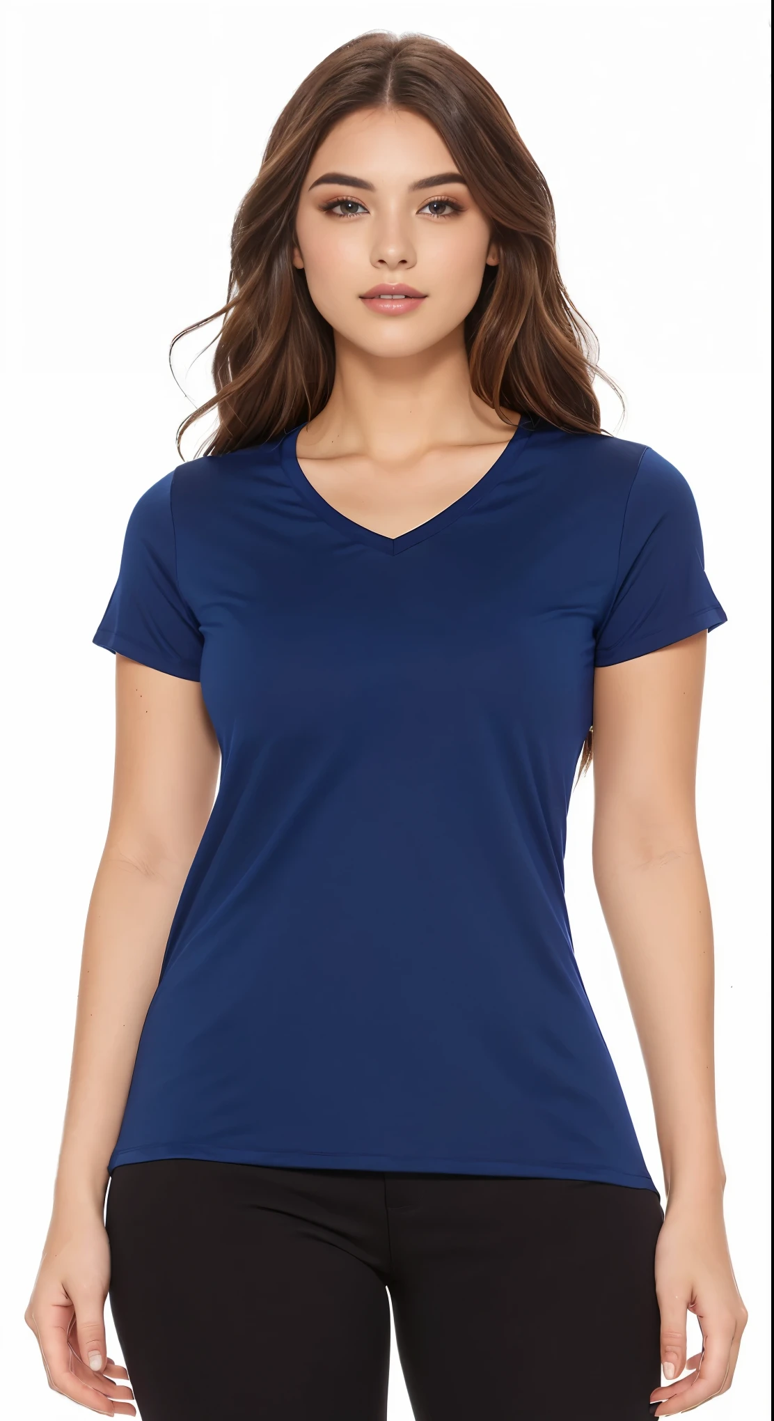 a woman wearing a camisa azul and black pants, camiseta azul apertada, azul escuro shirt, Camisa da Marinha, azul-marinho, usando blusa com decote em V, azul-marinho, velvia, Manga curta, indigo, camisa apertada, camisa azul, azul escuro, "organic, roupas abertas no peito, deep azul escuro, imagem oficial do produto, azul escuro clothes, ruivo