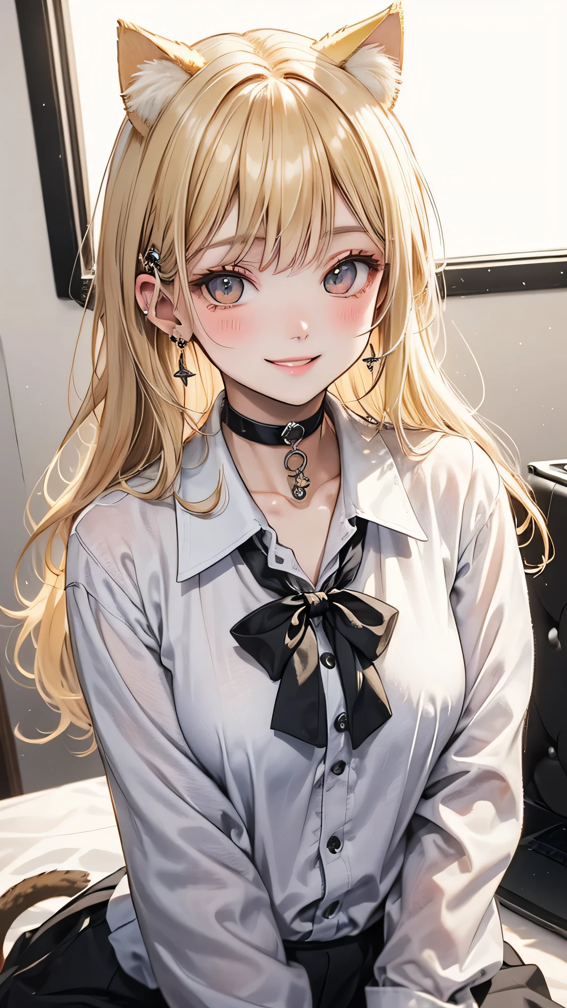 Browsing Caution, masterpiece, (highest quality:1.2), (Sharp focus:1.2),, 1 girl, Slim girl,, (blonde|Light_Yellow Hair), Cat ear,, Detailed face, young|Cute Face, blush, Wicked Smile,, Natural Breasts, Thin arms,, White collared shirt and black tie, Black choker,, In a modern office, indoor