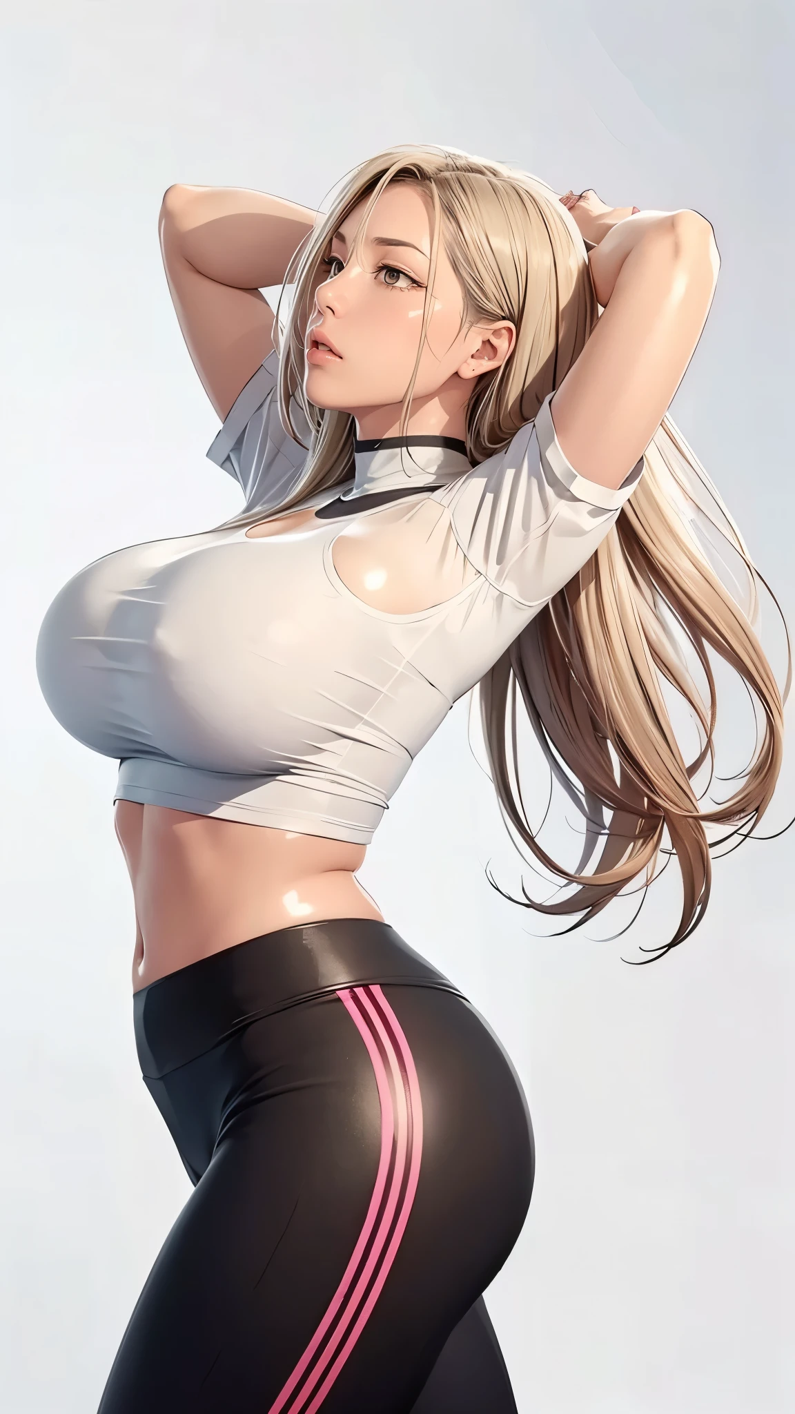 （（（完美figure，figure，solo， White and tender skin，（（（Cyberpunk，Black yoga pants，Striped top ））），（（（MiaChadef, long hair, blonde hair, brown eyes,，））），((masterpiece)),high resolution, ((Best quality at best))，masterpiece，quality，Best quality，（（（ Exquisite facial features，Looking at the audience,There is light in the eyes，(（（lol，Happy，））），））），（（（Light and shadow，Huge breasts））），（（（Looking at the camera，White background，fitness，In motion，from the side，Looking up)）））