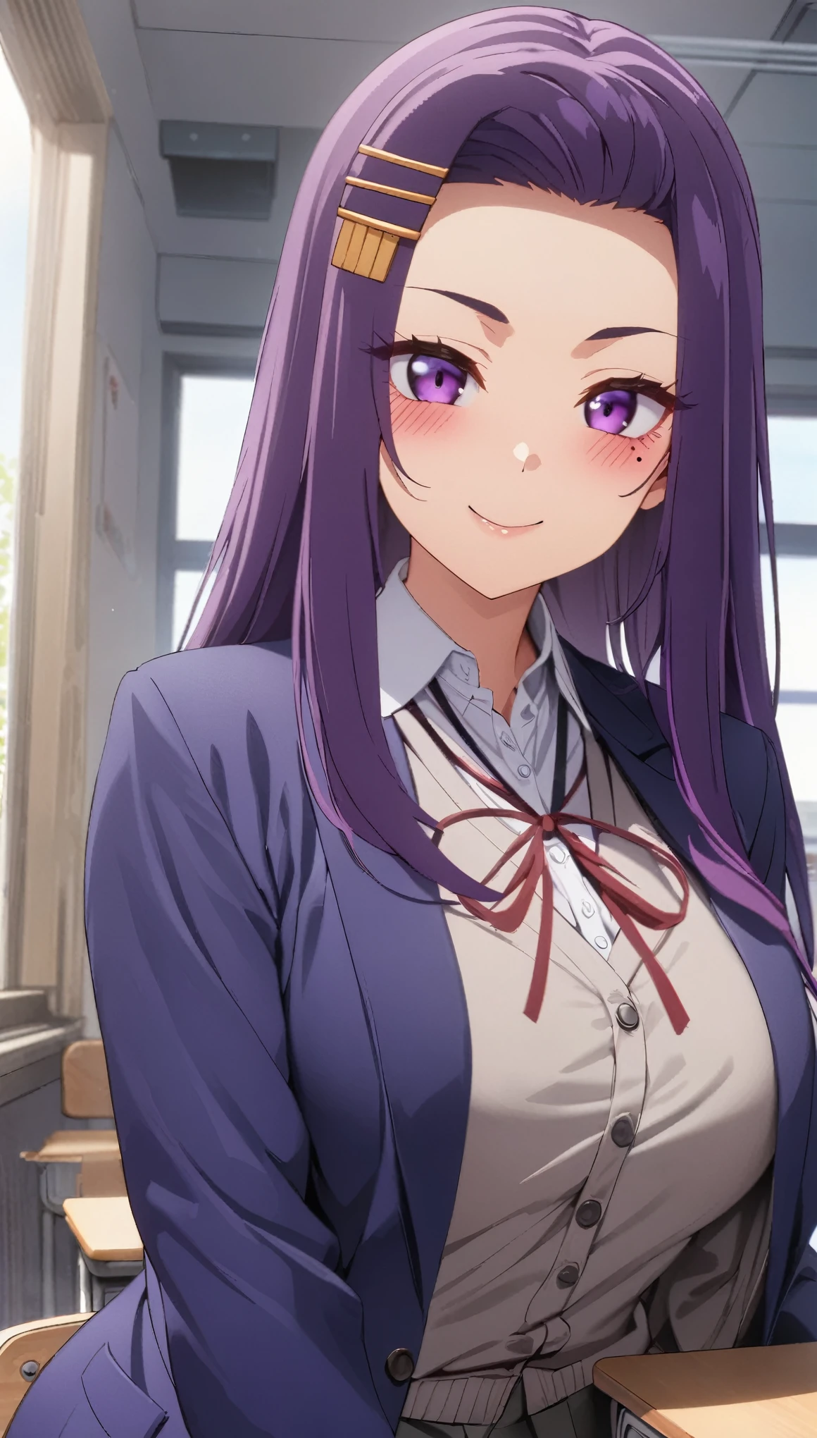 (masterpiece, highest quality, so beautiful, Super detailed), Intricate details, One girl, sayuriakino, Purple eyes, Long Hair, Purple Hair, amount, hair ornaments, Hair Clip, Mole under the eye, White shirt, Red ribbon, Grey cardigan, Blue jacket, blush, smile, , indoor, classroom, View Viewer,