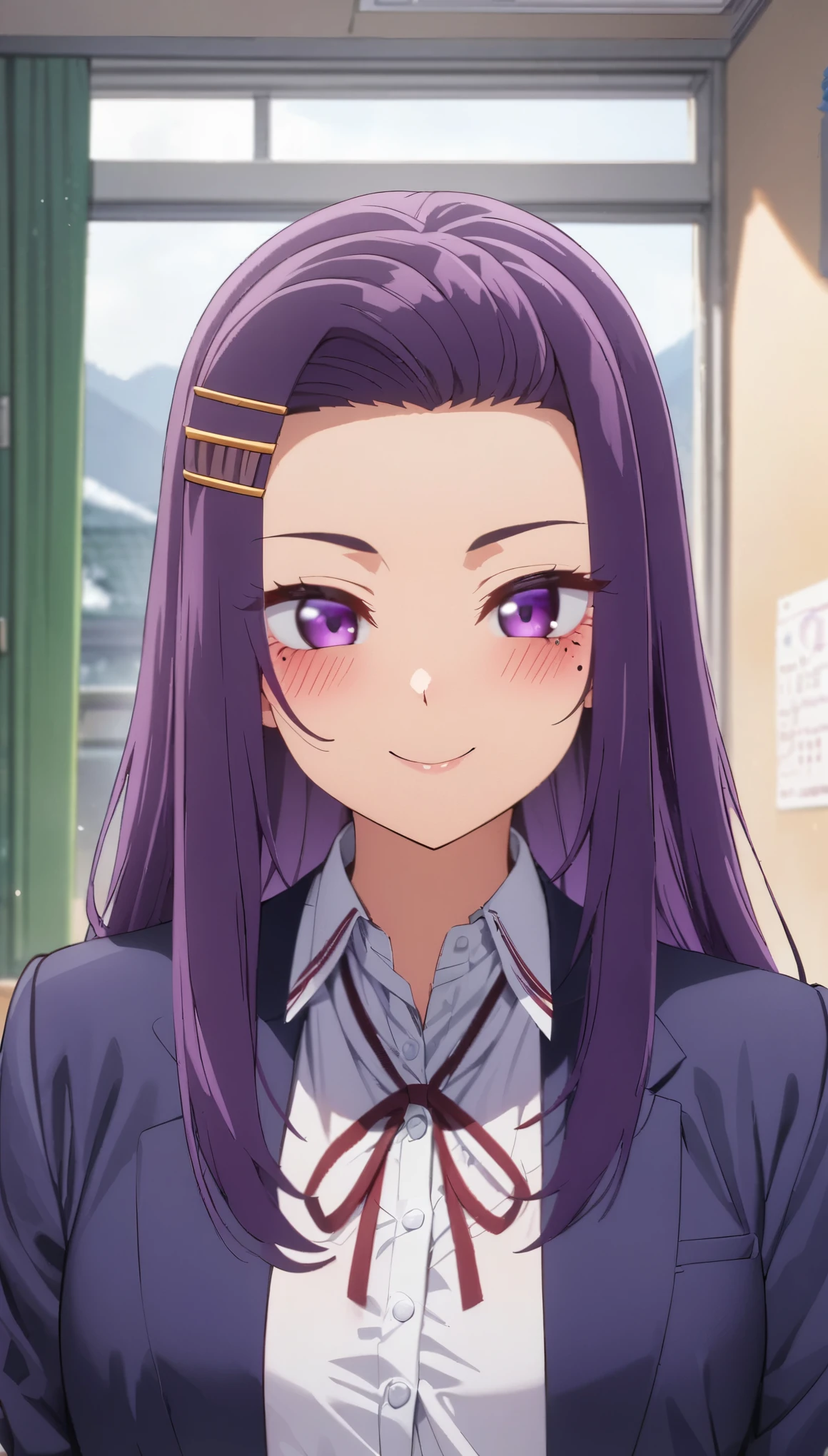 (masterpiece, highest quality, so beautiful, Super detailed), Intricate details, One girl, sayuriakino, Purple eyes, Long Hair, Purple Hair, amount, hair ornaments, Hair Clip, Mole under the eye, White shirt, Red ribbon, Grey cardigan, Blue jacket, blush, smile, , indoor, classroom, View Viewer,