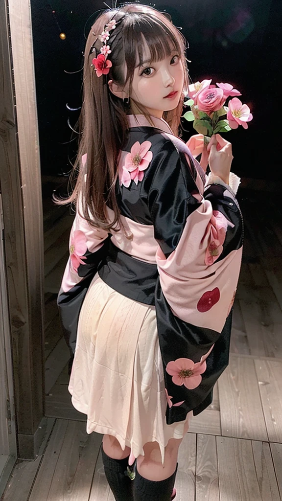 ,(masterpiece:1.2, high quality), (Pixiv:1.4),A colorful world,21 year old girl, flower, Long Hair, alone, butterfly, Gray Hair, bug, bird, hair ornaments, Wide sleeves, skirt, socks, white socks, whole body, or, very Long Hair, hair flower, Holding, chest, blue skirt, (((Long sleeve, kimono, bangs, Black Background ₎)), (((wood, pink flower, red flower,night,Backlight₎))