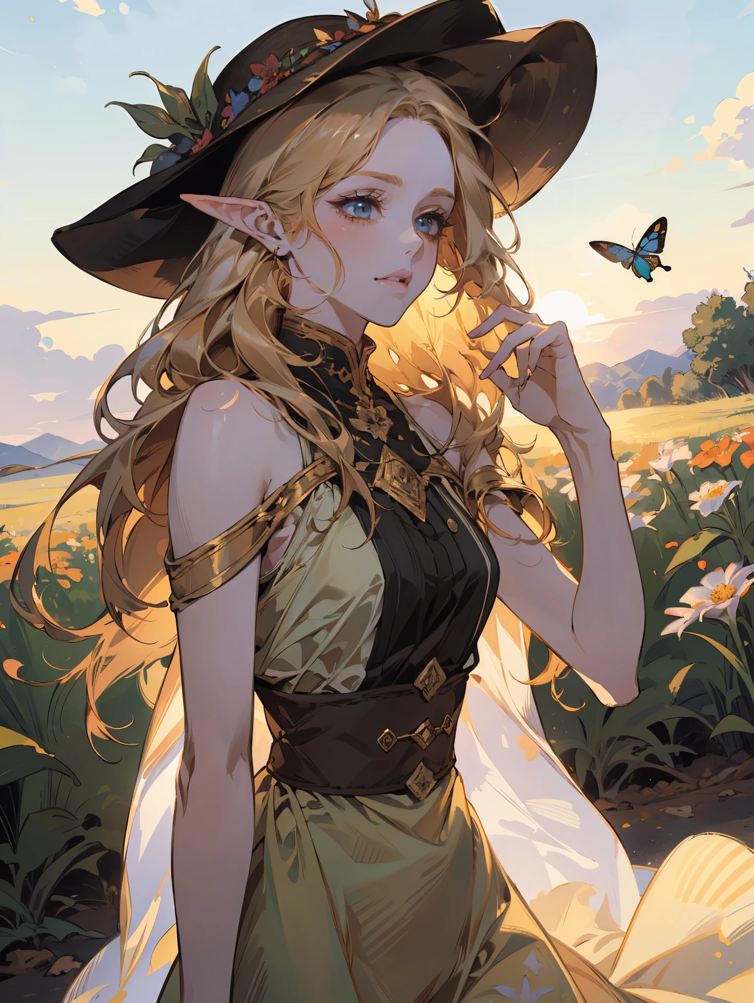 ((An elven woman, a dynamic species:1.2)), Create a detailed summer portrait of a cheerful young woman exuding a bright, sunny vibe. She has long, flowing blonde hair with soft waves that catch the sunlight, adorned with small, colorful flowers. Her striking blue eyes are full of joy, contrasting beautifully with her fair, sun-kissed skin. Her face radiates happiness and warmth, with a gentle, infectious smile that lights up her expression. The corners of her eyes crinkle slightly, showing her deep contentment. She has a few freckles scattered across her cheeks, enhancing her playful demeanor. She wears a sleeveless, floral sundress in vibrant colors, paired with simple sandals and delicate bracelets, reflecting her relaxed spirit. The setting is an outdoor summer scene, with a lush, green meadow filled with wildflowers. The sky is clear and bright blue, with the sun casting a warm, golden light. She is captured in the distance, running lightly through the flower field, her dress flowing and her hair streaming behind her. The composition emphasizes her joy and freedom as she moves effortlessly, surrounded by nature's beauty. Her eyes sparkle with happiness, and her whole posture is relaxed, embracing the joy of the moment. Nearby, a picnic basket with a blanket, a casually tossed hat, and a few fluttering butterflies add to the lively scene. The overall mood conveys a sense of joy, freedom, and pure delight, with a special emphasis on her tender smile and genuine happiness.