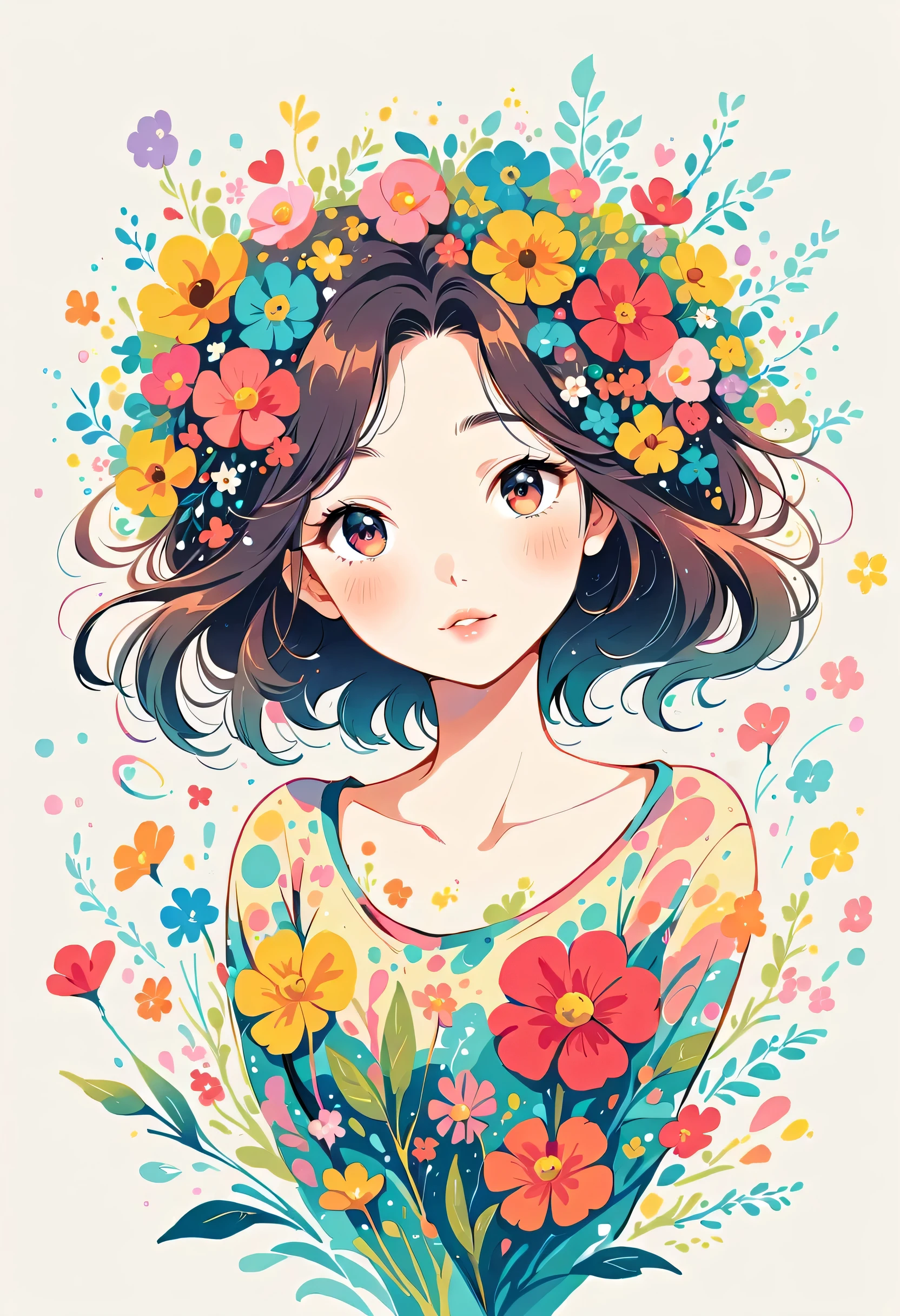 Hayao Miyazaki Style、The most beautiful girl of all time、Lips in Love、Colorful flowers、Simple line initials、Abstract art、Urban Background