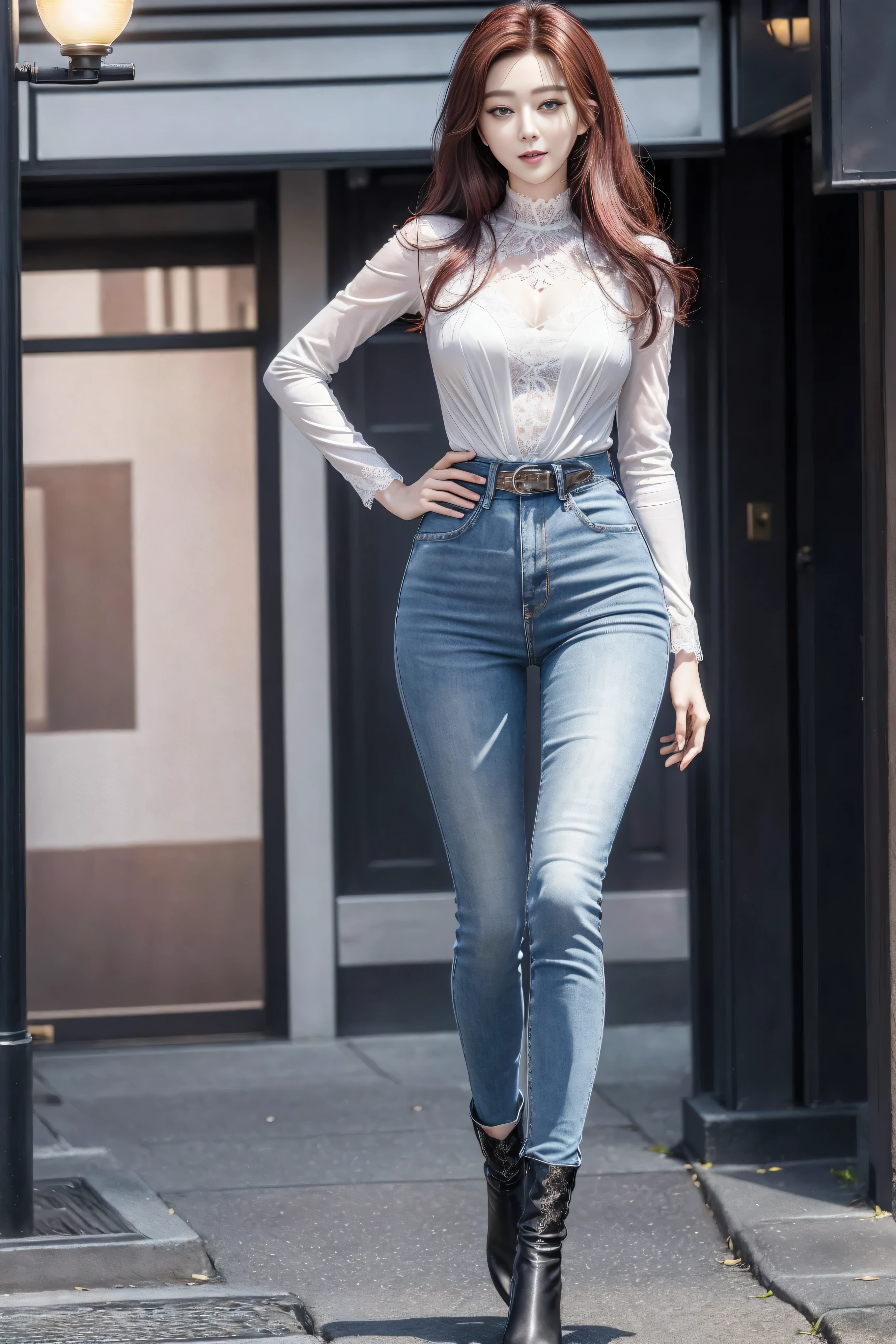 ((Realistic lighting, best quality, 8K, masterpiece:1.3)), Lock focus:1.2, Beautiful woman with perfect figure:1.4, 3 beautiful Korean girls, Korean pop idol,Leg length,(Pale skin), (big eyes),(Smile:0.8),(Plump and sexy lips), Complex and detailed face, ((Super delicate skin)),Delicate face,Ultra-thin face,Fine Eyes,Double eyelids,((Dark red hair)), (White lace underwear:1.4),Background Shibuya street,Large depth of field,Ultra-thin face,Fine Eyes,Double eyelids,(Start from below:1.attitude,(Mid-chest:1.2),Sexy long legs, (Thigh gap:1.5),Wide hips,S-Shaped Body, Hips lifted,Leg length,Light blue skinny jeans,Full body proportions from the front,Over-the-knee leather boots,