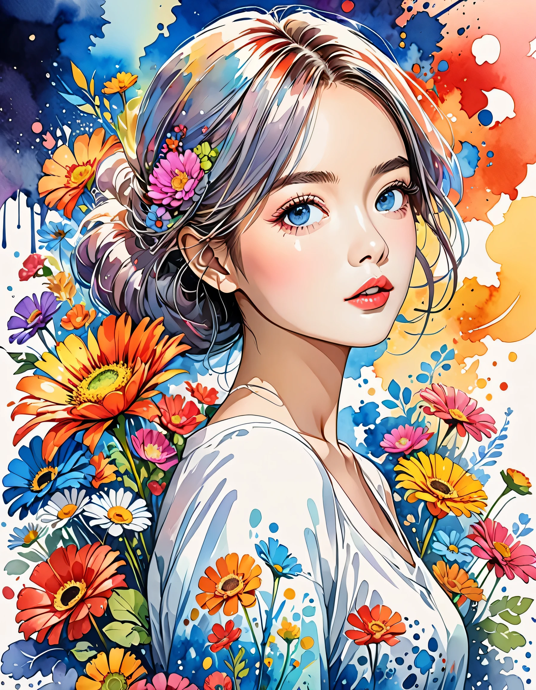 Hayao Miyazaki Style、(((stylish fashion))), 8K Quality、Intense watercolor, Detailed watercolor art, Watercolor splash, Surreal, avant-garde pop art, Beautiful and expressive paintings, Beautiful artwork illustration, Very colorful tones, wonderful, Cool beauty, highest quality、Official Art, Vector art, Stylish design, (((The most beautiful girl))), (((highest quality))), HDR, ((detailed)), (((Doodle Art)), ((masterpiece)), ((Super detailed)), (((Colorful flowers))),(((Stylish)))