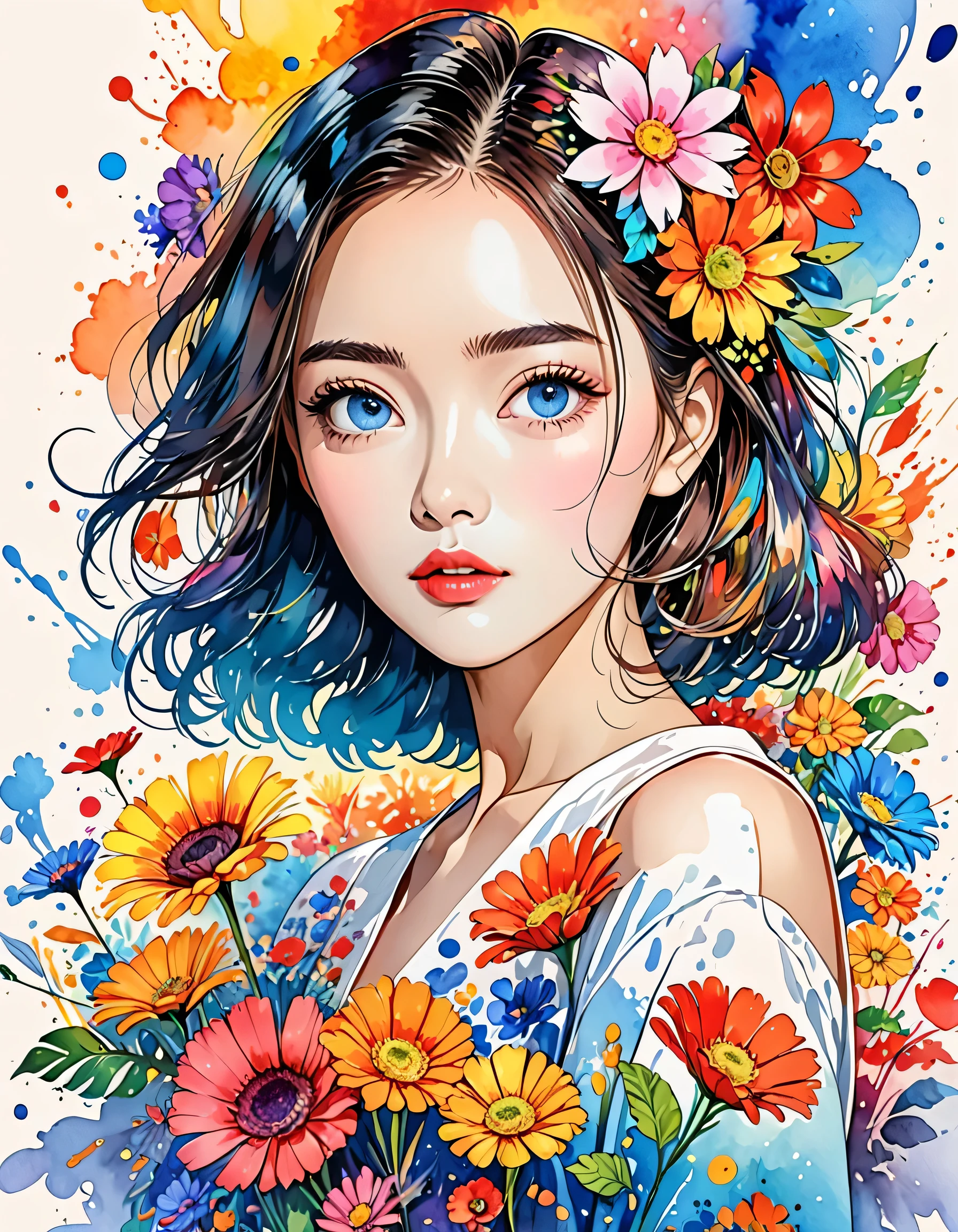 Hayao Miyazaki Style、(((stylish fashion))), 8K Quality、Intense watercolor, Detailed watercolor art, Watercolor splash, Surreal, avant-garde pop art, Beautiful and expressive paintings, Beautiful artwork illustration, Very colorful tones, wonderful, Cool beauty, highest quality、Official Art, Vector art, Stylish design, (((The most beautiful girl))), (((highest quality))), HDR, ((detailed)), (((Doodle Art)), ((masterpiece)), ((Super detailed)), (((Colorful flowers))),(((Stylish)))