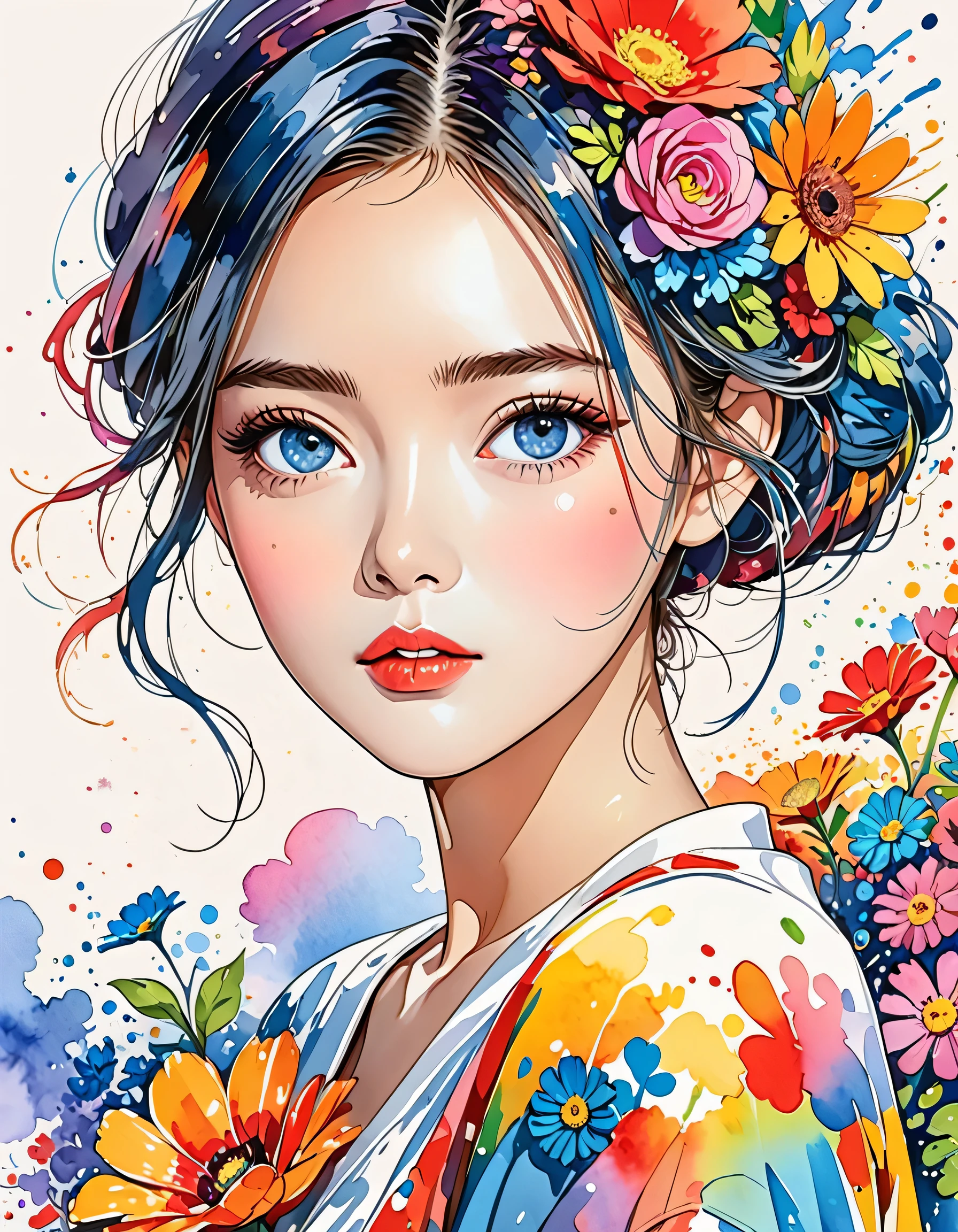 Hayao Miyazaki Style、(((stylish fashion))), 8K Quality、Intense watercolor, Detailed watercolor art, Watercolor splash, Surreal, avant-garde pop art, Beautiful and expressive paintings, Beautiful artwork illustration, Very colorful tones, wonderful, Cool beauty, highest quality、Official Art, Vector art, Stylish design, (((The most beautiful girl))), (((highest quality))), HDR, ((detailed)), (((Doodle Art)), ((masterpiece)), ((Super detailed)), (((Colorful flowers))),(((Stylish)))