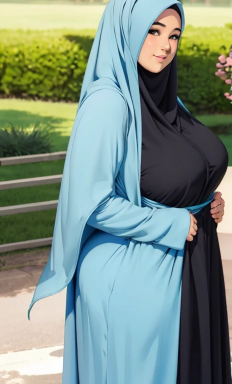 standing, solo, 1girl, mature female, hijab, short girl, long hijab, full hijab, fat girl, fat body, beautiful face, cute face, sideboob, large breasts, thigh legs, areola slip, cleavage, leaning forward, huge breasts, curvy, fat, arms down, looking at viewer, blush, parted lips, light smile, long black hair, black colour hair,