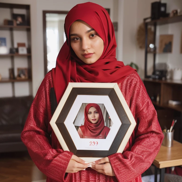 woman in red hijab holding a picture of herself in a frame, 2 9 years old, 2 8 years old, shaped picture, portait photo profile picture, 2 7 years old, she is 2 3, full protrait, 2 2 years old, 21 years old, 24mp, 2 4 mp, 2 3 years old