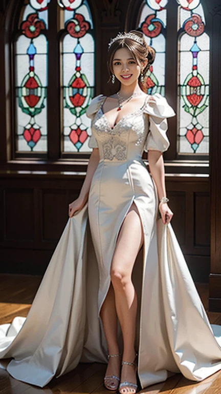 highest quality, Realistic, Very detailed, finely, High resolution, 8k wallpaper, Beautiful woman,, Brown hair short ponytail, (silk wedding dresses), Perfect dynamic composition, finelyて美しい目, Ample breasts, Realistic , smile, Model Body Type、Earrings,garnet necklace,tiara,(Wearing a watch 1),Beautiful feet,(Church with beautiful stained glass),Full Body Shot:1.3,Smile and laugh,