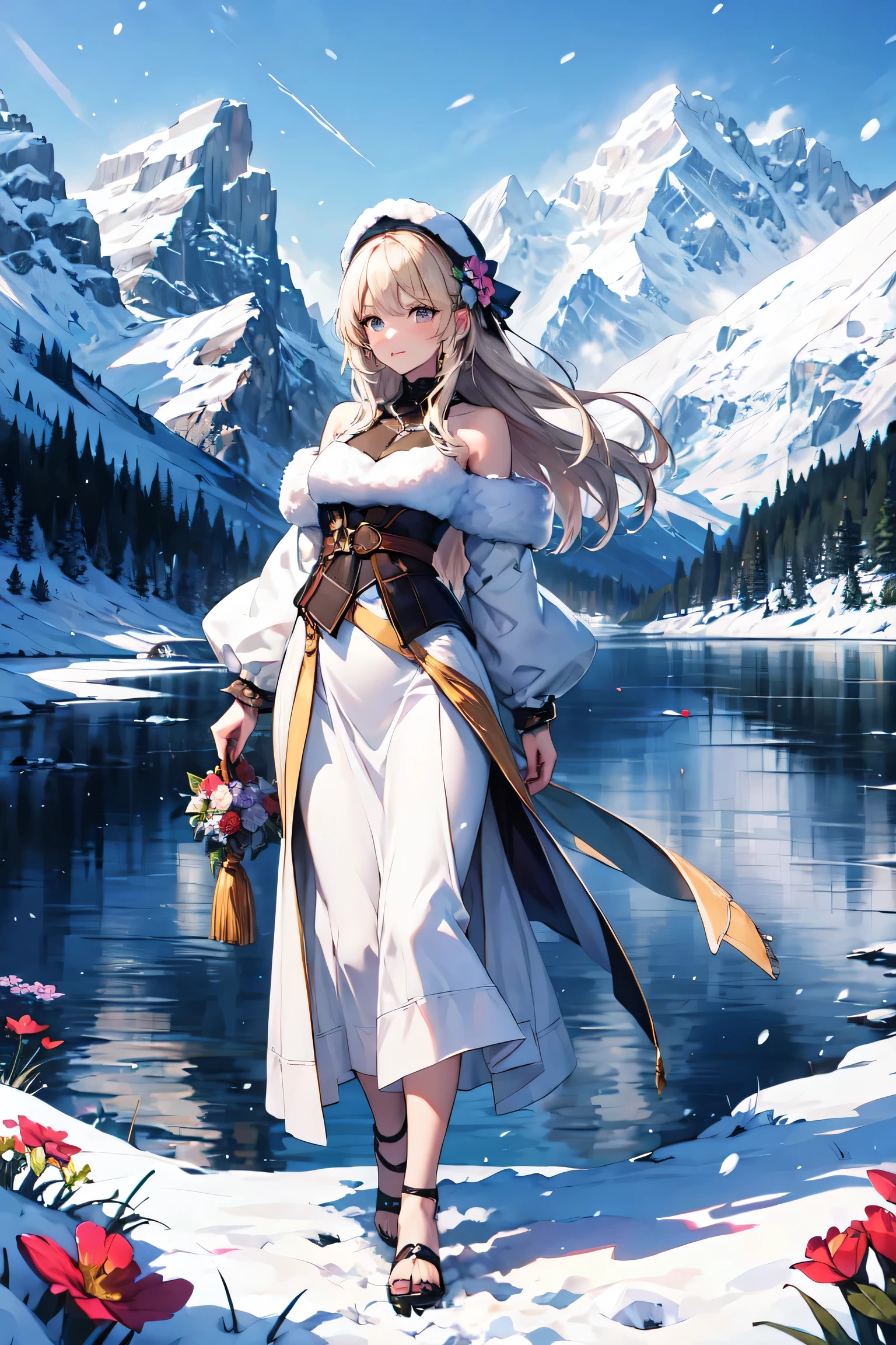 A beautiful woman with light hair, flowers, snow-capped mountains, summer