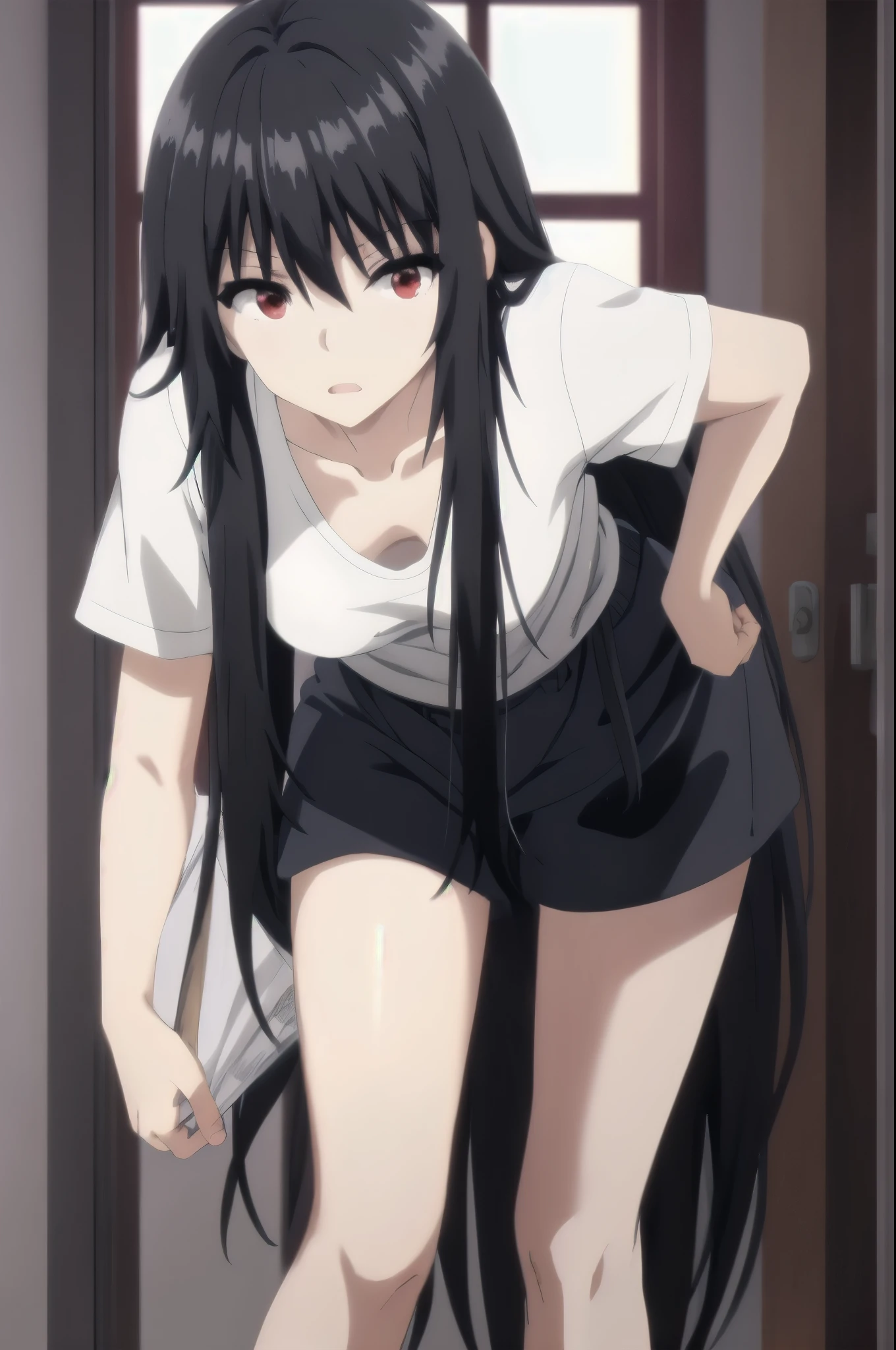 loose t-shirt
leaning forward,red eyes,black hair,long hair