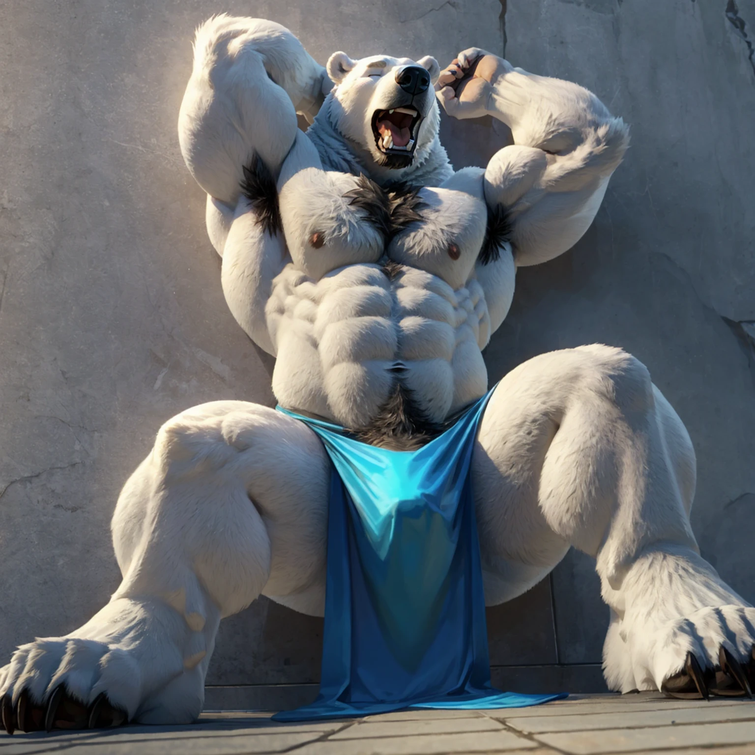 Fluffy white polar bear、Eyes closed、Very huge muscles、Polar bear looking sideways、Full body polar bear fur、A very large bulging crotch loincloth、Outline of a giant penis、Lots of pubic hair、Very long armpit hair、Thick chest hair、Composition looking up from diagonally below、Roaring Polar Bear、Concrete Background、Pose with both hands raised up、Long body、very short legs、Sharp claws on the toes、Hairless head、Full body polar bear fur皮、Howling pose、Upward facing face、Very long and profuse armpit hair、Polar bear tail