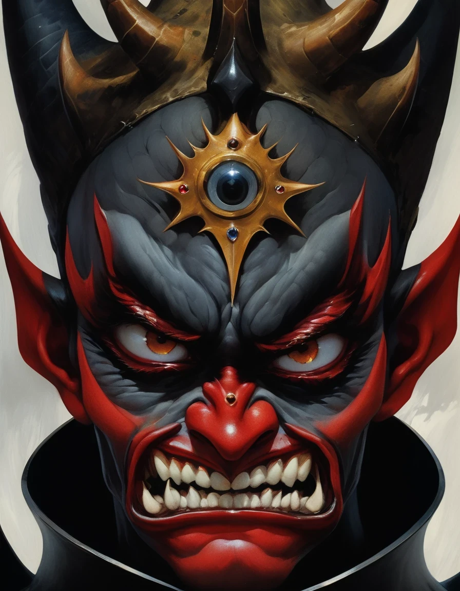 Close-up of face, (super macro), devil's crown, angry expression, Serge Rutens style, Cecil Beaton style