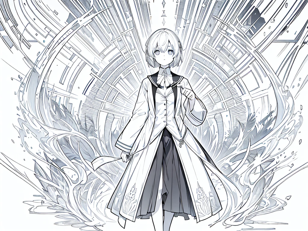 1 girl, wearing hogwarts uniform, cleavage, white hair, short hair, face to detail, detailed eyes, the background is just white, monochrome (clear line, lineart), full body illustration
