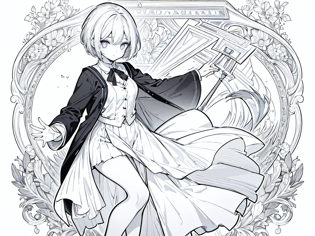 1 girl, wearing hogwarts uniform, cleavage, white hair, short hair, face to detail, detailed eyes, the background is just white, monochrome (clear line, lineart), full body illustration
