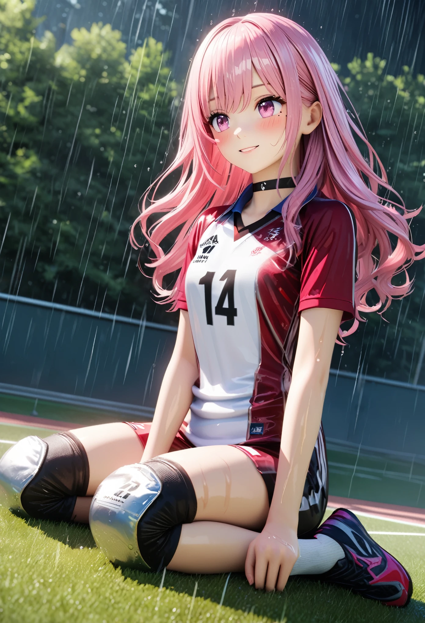 masterpiece, best quality, highly detailed, high resolution, expensive solution, high resolution, 4k, 8k, Unity 8k wallpaper, highly detailed CG, masterpiece, 2d, 3d, beautiful details, depth, fine texture, best quality: 1.3, total concentration, transparent skin, him, very cute anime girl, expensive pink long hair, one girl, volleyball uniform, knee pads on knees, volleyball shoes, on the grass in the schoolyard, it was raining heavily and she was soaking wet. The volleyball uniform was see-through, her hair was soaking wet, smiling long pink hair, full body, on the grass in the schoolyard, heavy rain, mole under eye, gaze, expensive, blush, lips parted, heart, pink eyes, choker