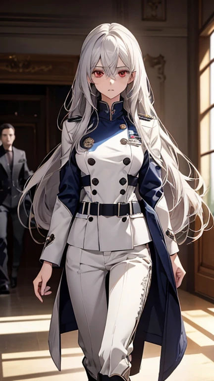 (Confused, High resolution, Very detailed), 1 female, Silver Hair,Red Eyes,Long Hair,soft looking hair,Navy and white pilot suit,Long coat,Black trousers,boots,24th generation,beauty,Small breasts,mature,thin,quiet,Calm,Walking through the reception room